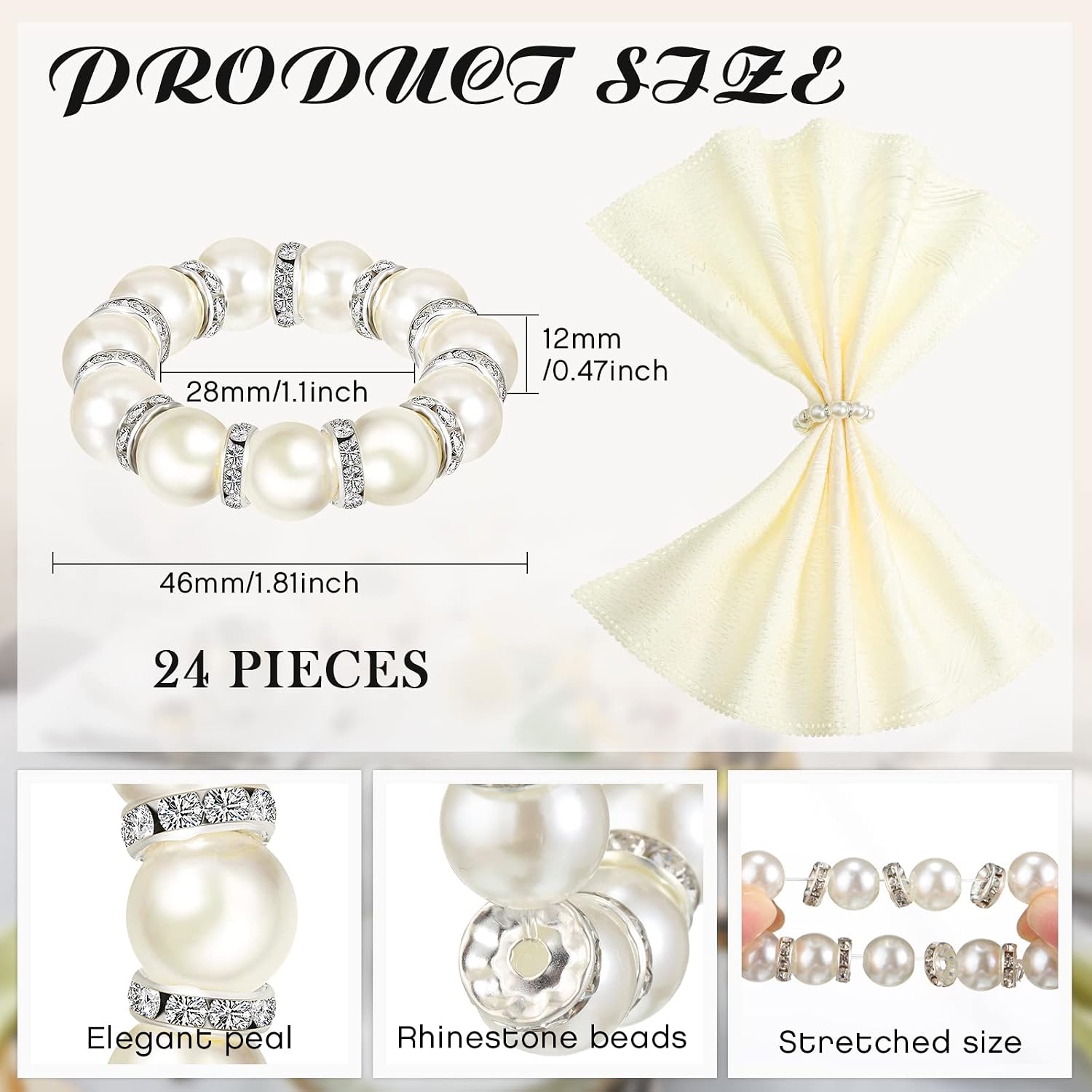 Potchen 24 Pcs Silver Pearl Napkin Rings - Beaded Weddings Serviette Rings for Dinner Reception Party Banquet Table Decor