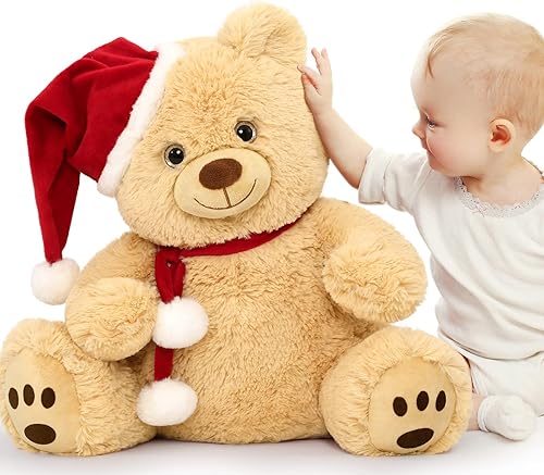 MorisMos Christmas Teddy Bear Stuffed Animal Plush Toy, 16in Santa Teddy Bear, 2025 Christmas Bear Gift for Girl Boy Kid,Brown Holiday Decoration