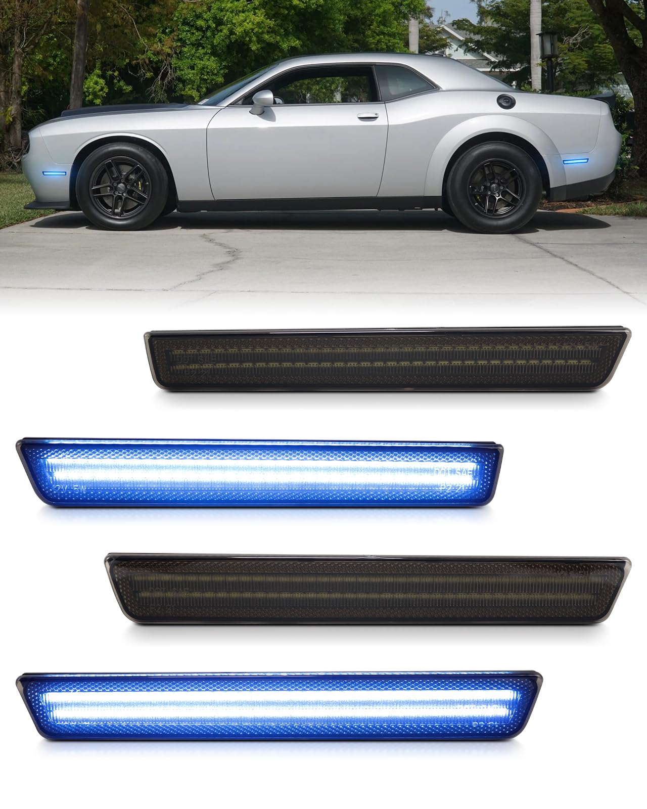 PWOBVZ Blue LED Side Marker Lights for Dodge Challenger 2015-2023, Front & Rear Parking Lamp Passenger Driver Side, Smoked Lens 4PCS