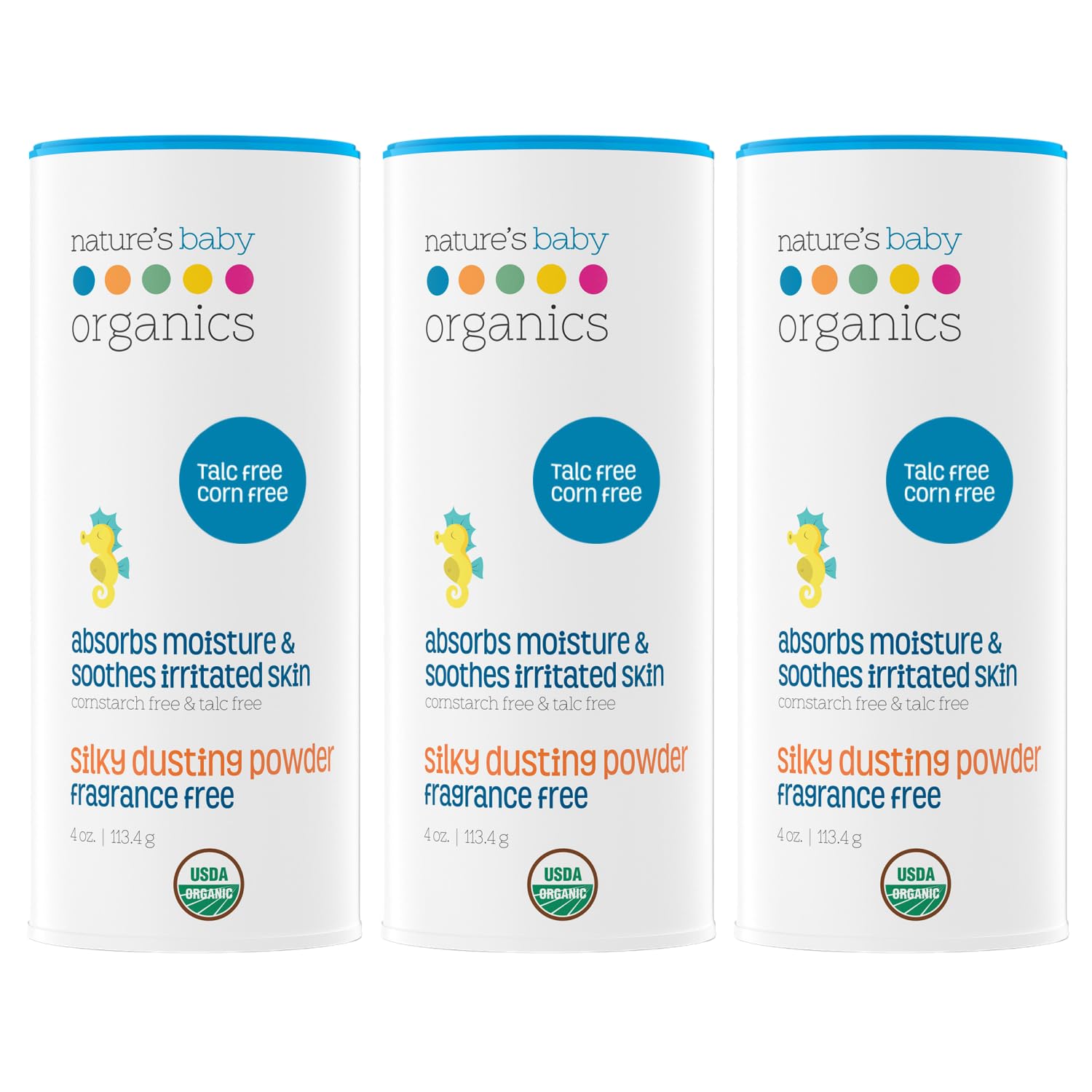 Nature's Baby Organics Baby Powder Talc Free Corn Free Diaper Dusting Powder with Aloe Soft Gentle 100% Organic Baby Powder Hypoallergenic Fragrance Free 4 oz, 3 Pack