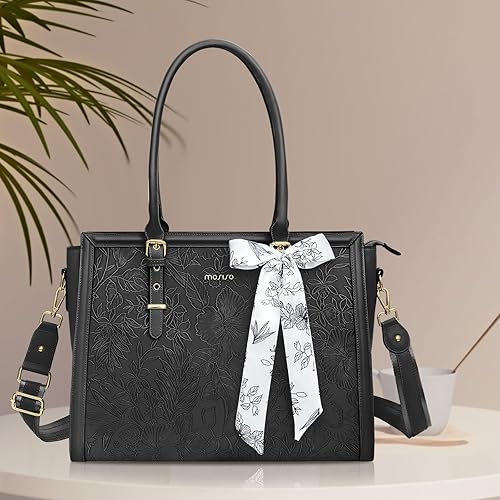 Miniatura 5 de MOSISO Laptop Bag for Women, PU Leather Tote Bag, Front Embossed Retro Hibiscus Computer Bags with Silk Scarf&Clutch Purse