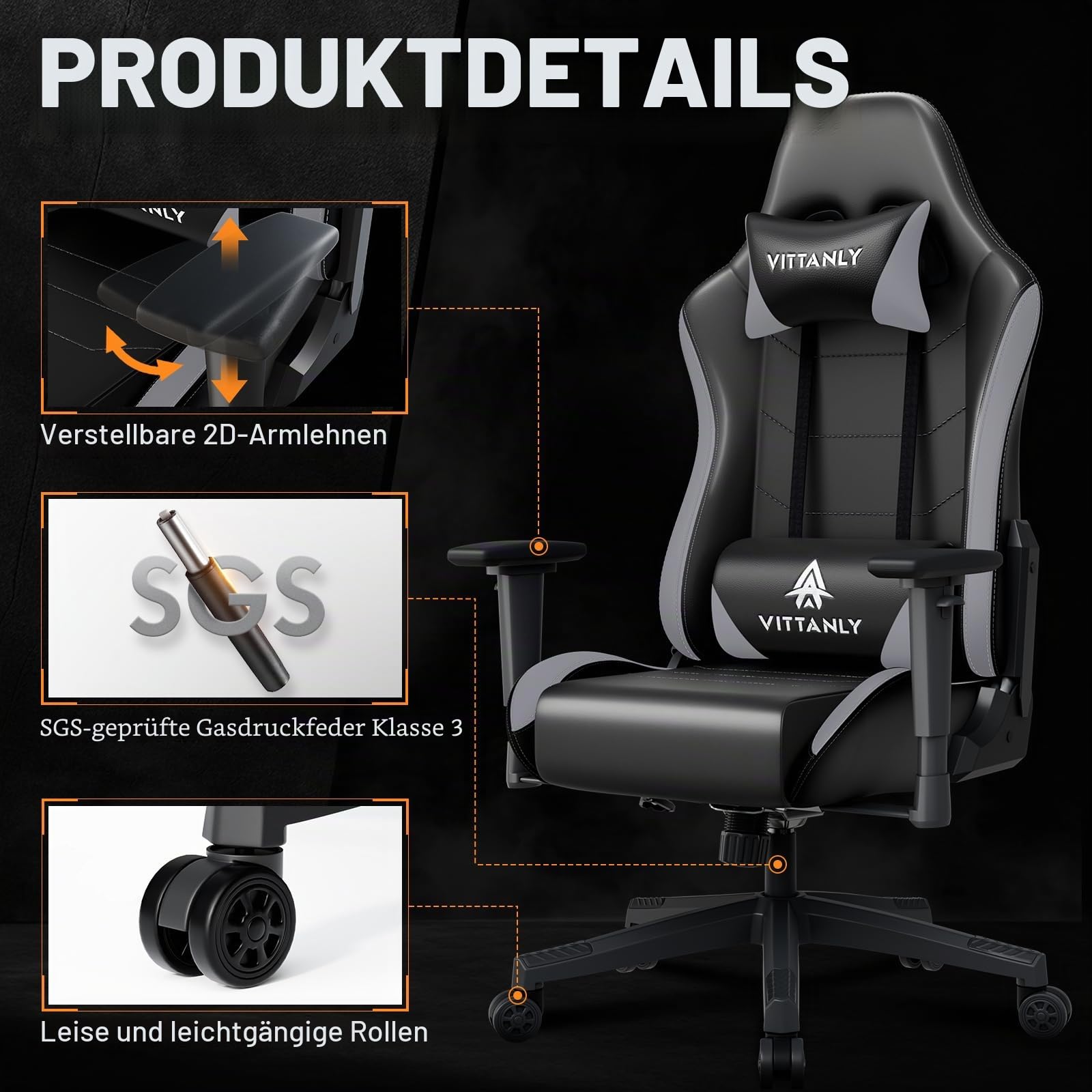 Vittanly Gaming Stuhl, 90-165° Rückenlehne, Tragkraft 150 kg, Grau | Kopfstütze und Lendenkissen, Gaming Chair, Gamer Stuhl, Gaming Sessel, Bürostuh, Schreibtischstuhl