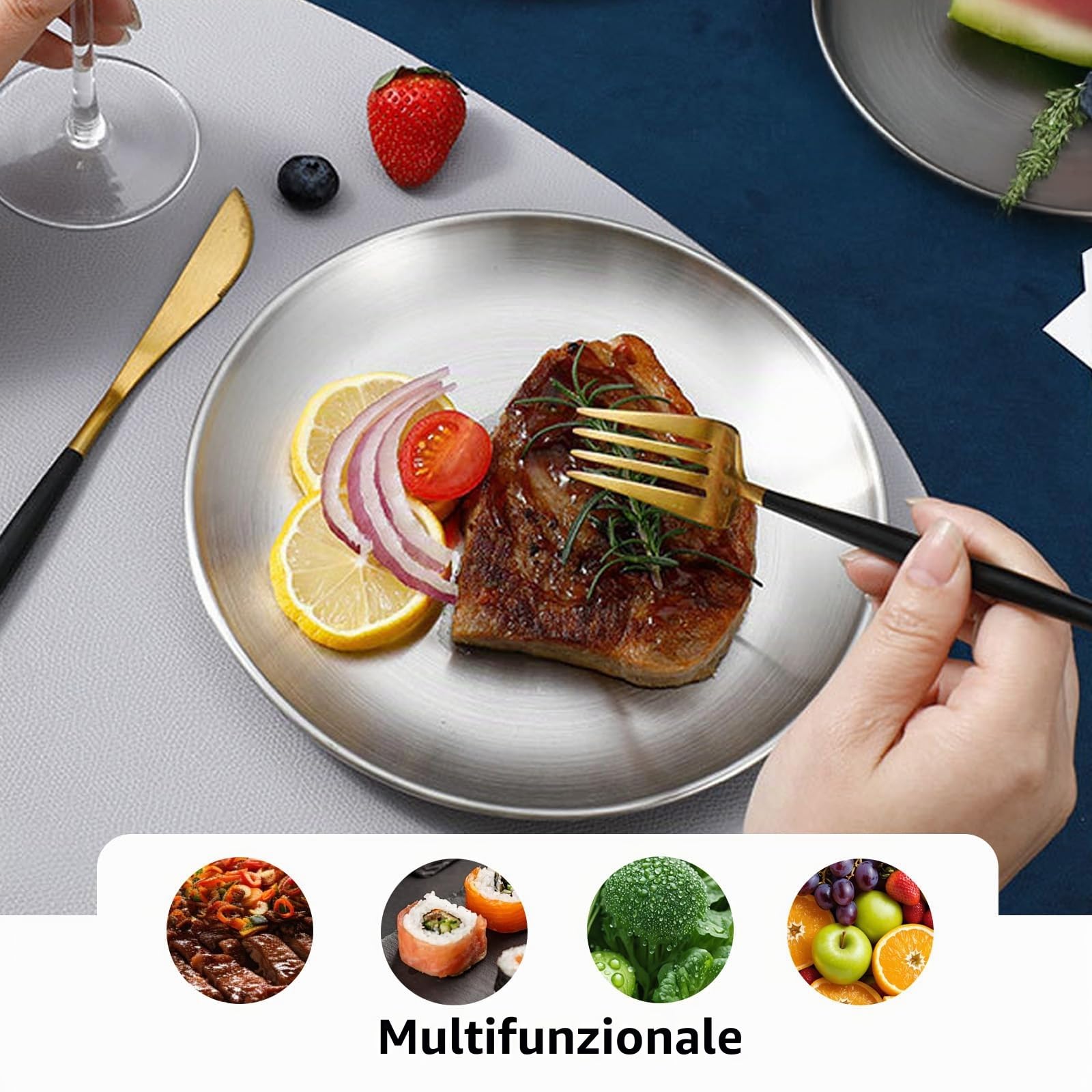 Set di 6 piatti in acciaio inox 18/8, 20,3 e 22,9 cm, 304 metallo, per bambini e adulti, piatti da portata rotondi per ristoranti, antipasti, colazione a buffet, campeggio (argento)