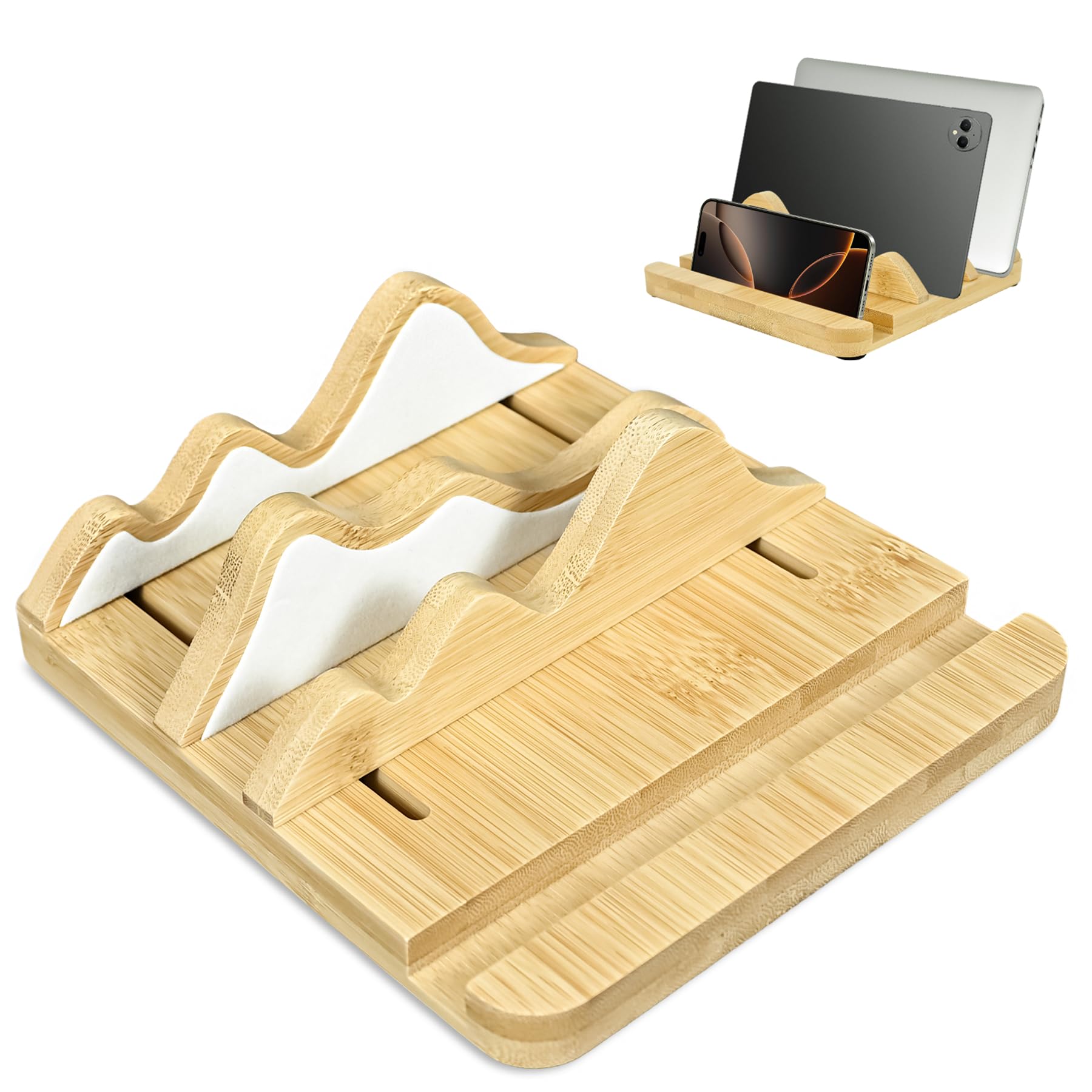 Wooden Vertical Laptop Stand Double Stand Adjustable Laptop Holder Mountain Shape 3 Slots Desktop Dock Compatible with All