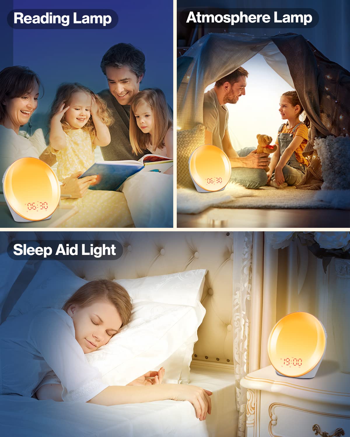 Wake up Light Luce Sveglia da Comodino con Simulazione dell'Alba e Tramonto, Luce Notturna con 2 Sveglie, 20 Livelli di Luminosità, 14 Colori, 10 Tipi Di Suoneria, FM Radio e Funzione Snooze
