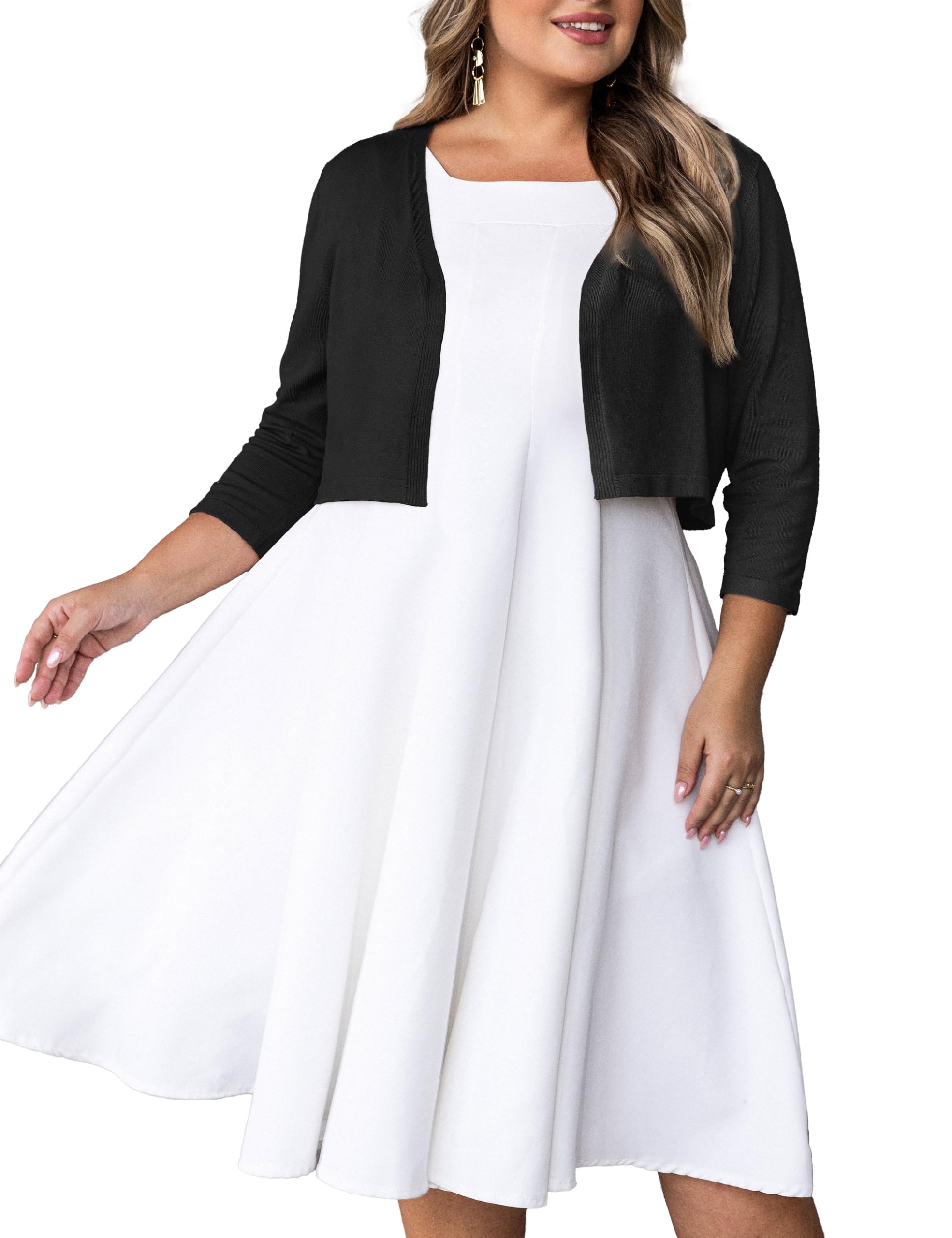 Womens Plus Size Cropped Cardigan Lightweight 3 4 Sleeve Boleros Shrug Sweaters for Dresses 1X-4X