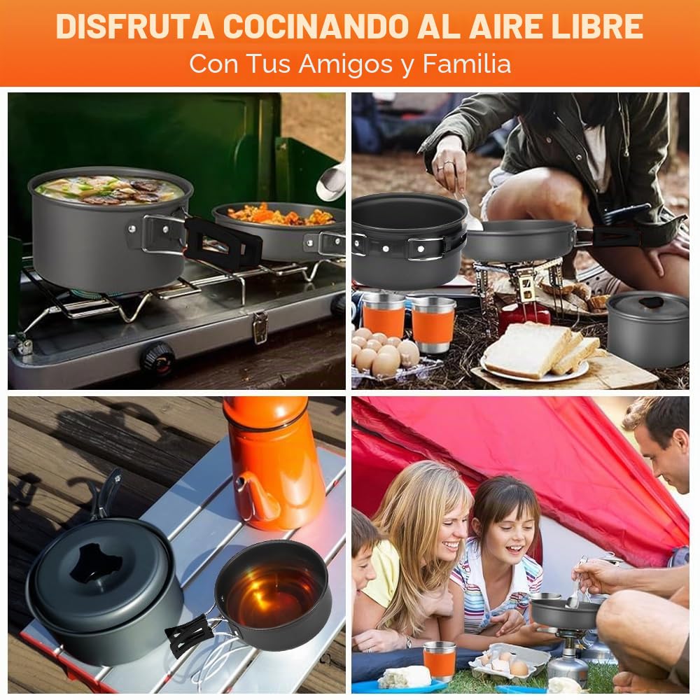 9 pcs Utensilios de Cocina para Camping, Juego de Ollas y Sartenes para Camping Vajilla para Acampada Portátil, Kit Utensilios de Cocina Camping para 2-3 Personas para Senderismo Picnic