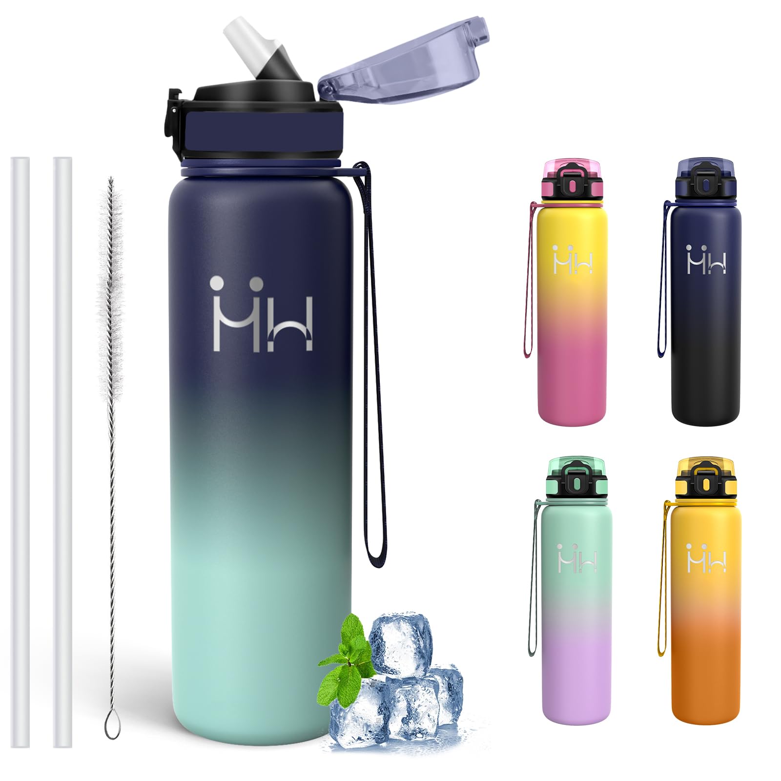 Mujigaga Water Bottle, 1 Litre, BPA Free, Water Bottle with Straw, Leakless, Thermal Bottle, 18/8 Stainless Steel, Water Bottles for Camping, Hiking, Triathlon, Yoga