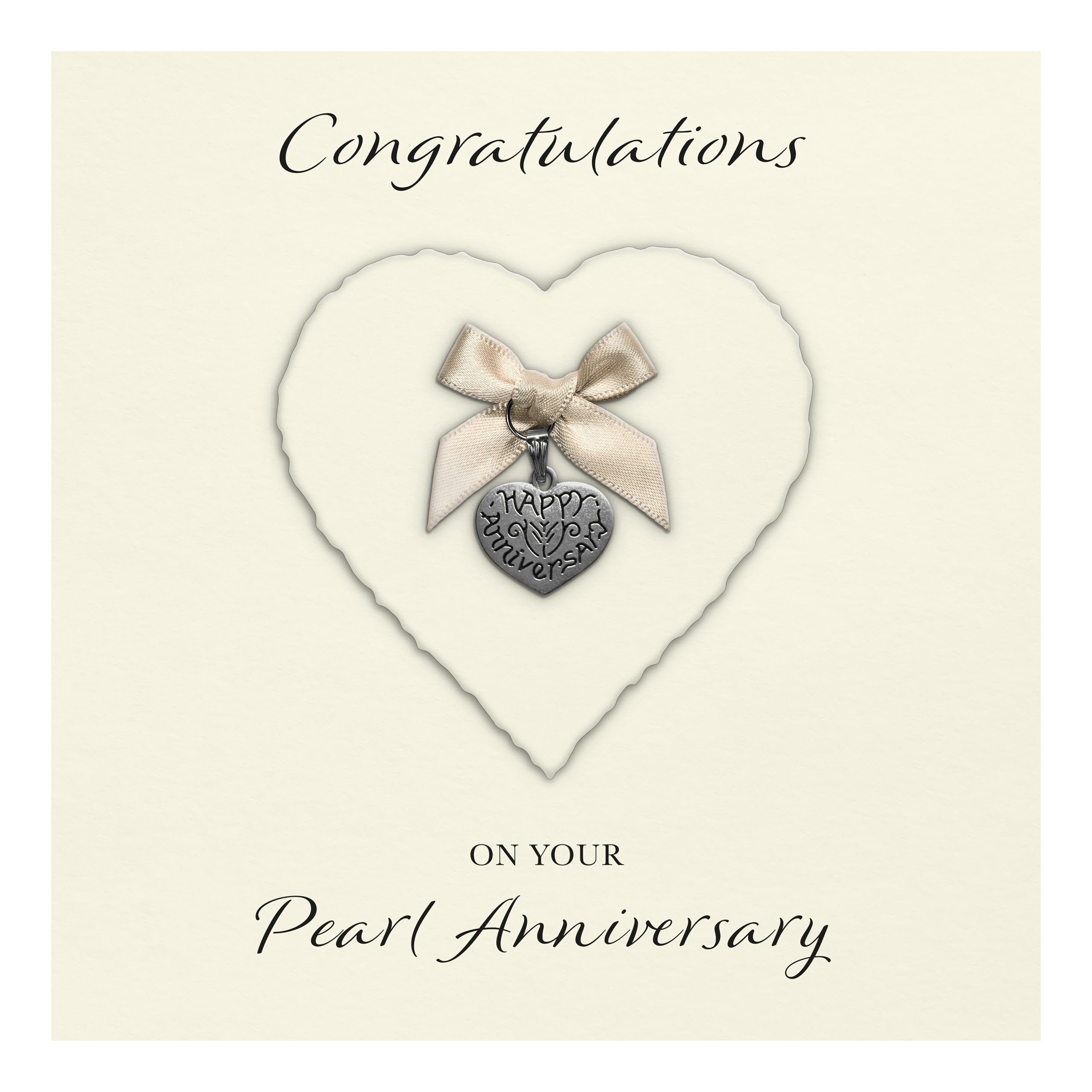 Pearl 30th Anniversary Card "Heart Charm & Bow" - Handmade UK (Ivory Heart/Pearl Bow, Ivory Cardstock)