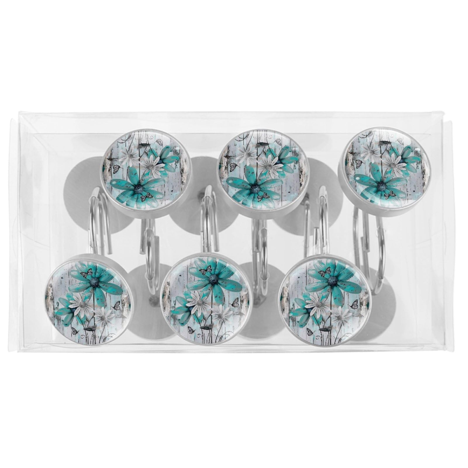 Lot de 12 crochets de rideau de douche en forme de marguerite sur planche bleu sarcelle, anneaux décoratifs pour salle de bain, résistants à la rouille