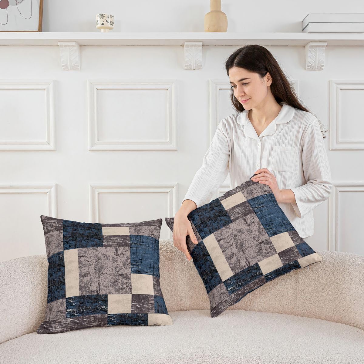 Feelyou Geometric Square Cushion Covers Set of 2 Buffalo Check Blue Grey Brown Reversible Throw Pillow Covers Geometric Pillow Covers Home Decor for Modern Art Vintage 24 x 24-Inch