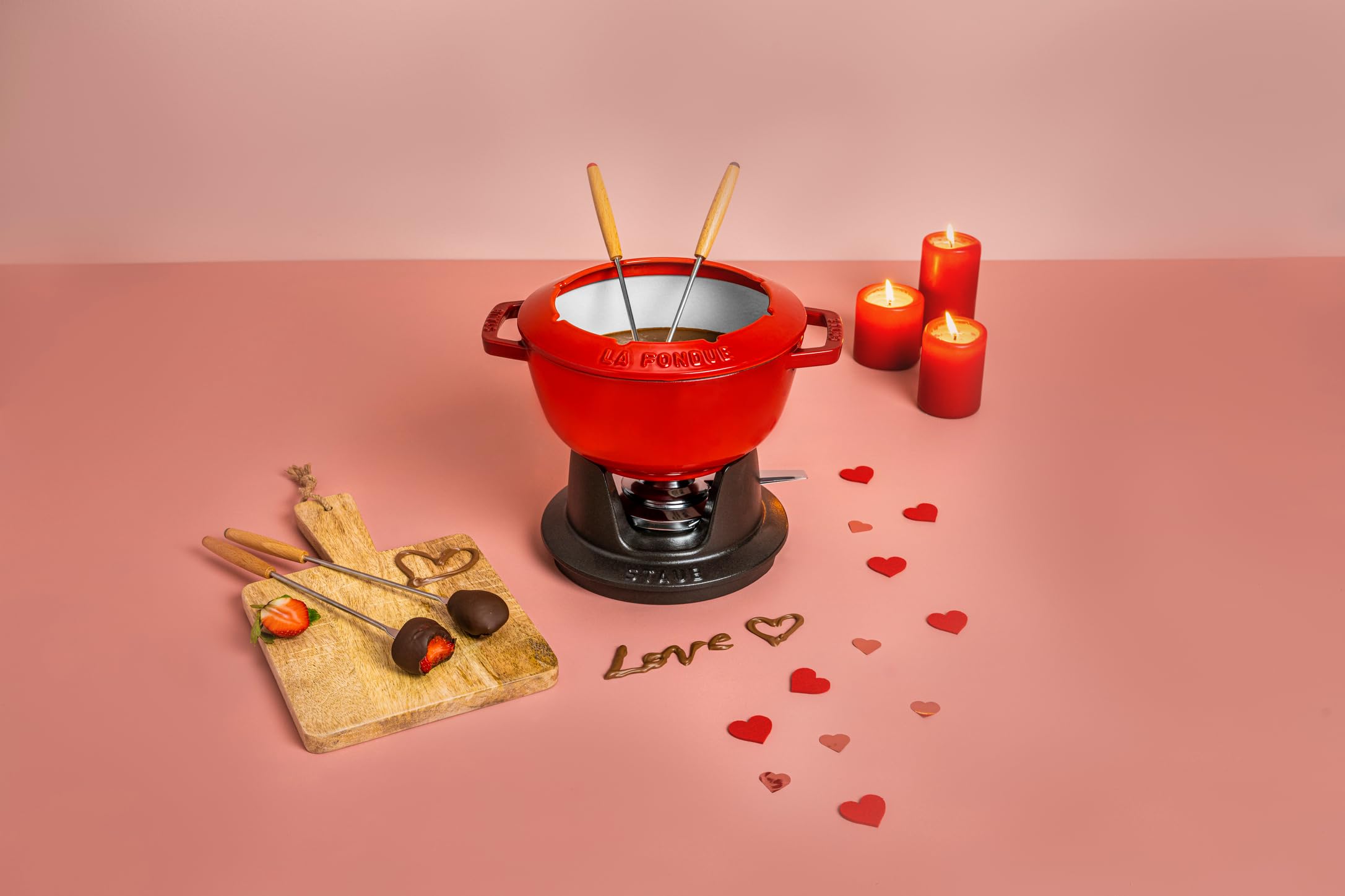 STAUB Fondue Set mit 6 Gabeln, Geeignet für Käse-, Schoko- und Fleisch-Fondue, Gusseisen, Kirschrot, 20 cm