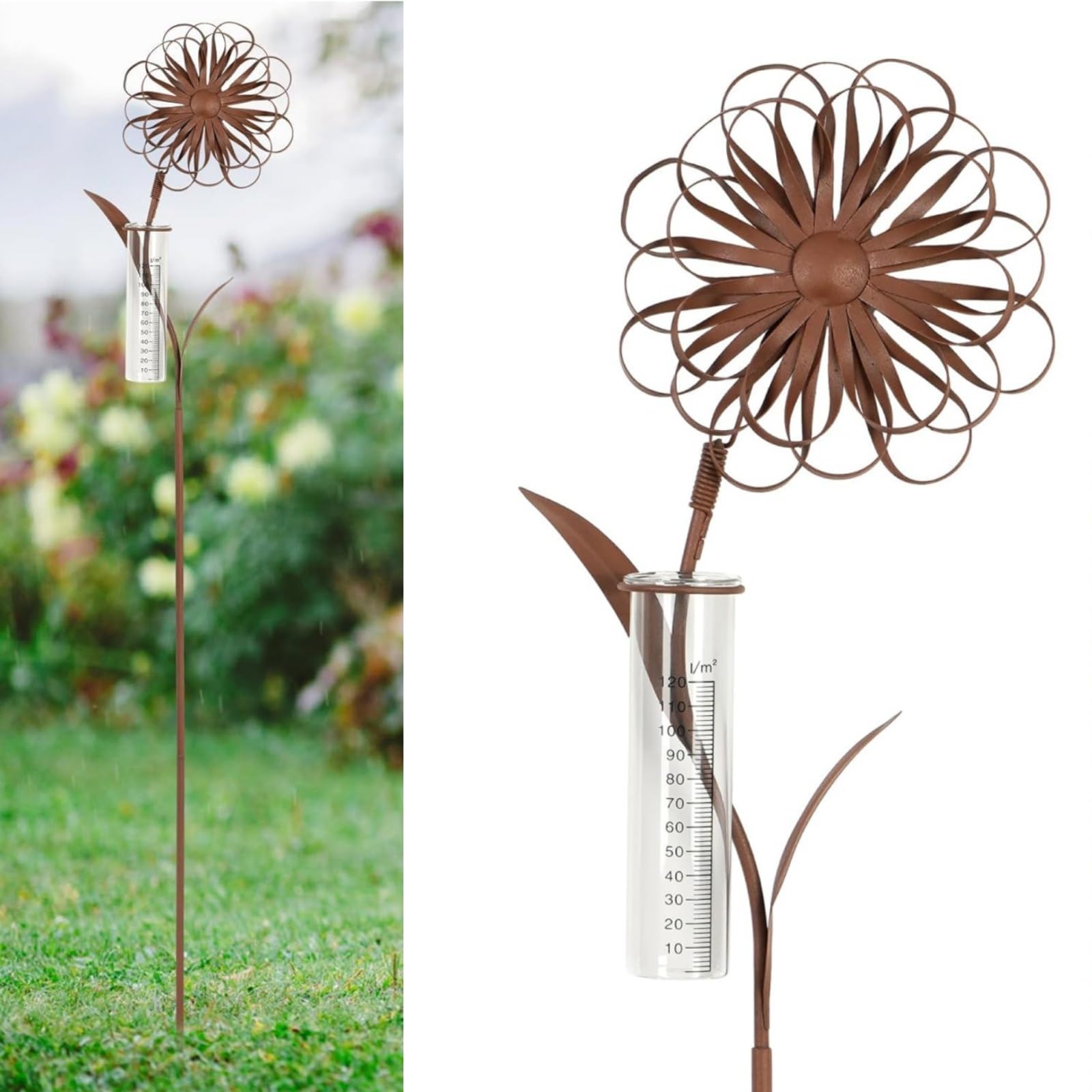 Pluviomètre de jardin résistant au gel avec baguette, précipitateur décoratif H 110 cm, pluviomètre en verre sur piquet de jardin, décoration florale résistante aux intempéries, pour balcon