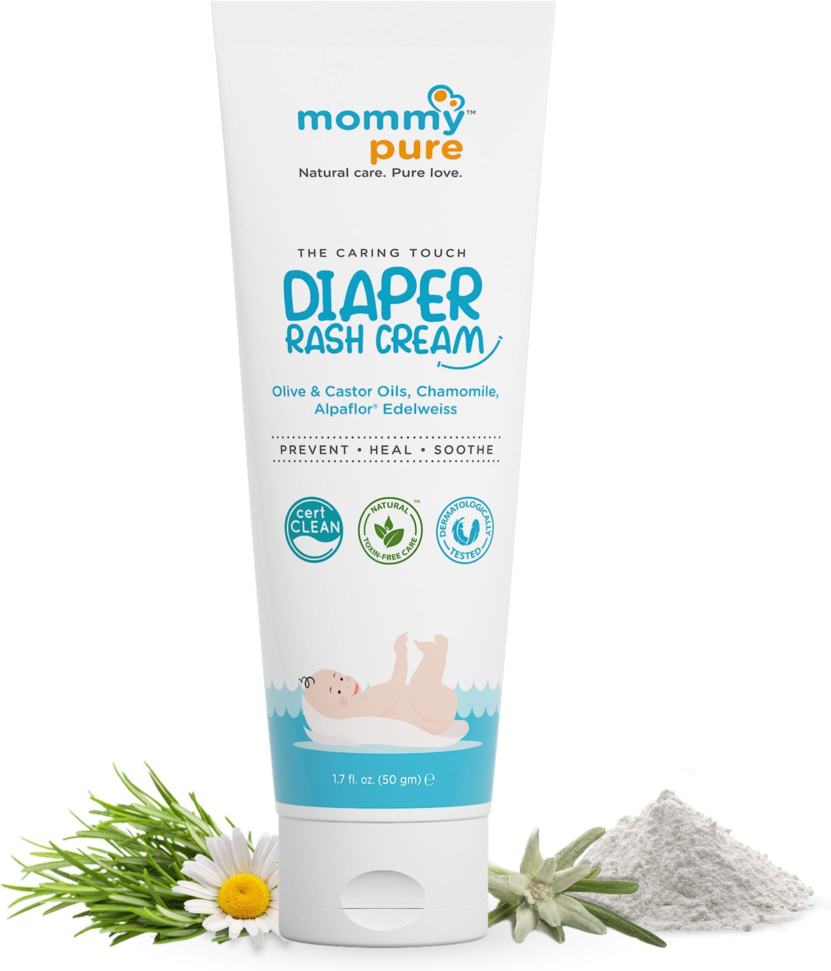 Mommypure Natural Diaper Rash Cream (50gm)|Baby Rash Cream for New Born Baby|with Zinc Oxide, Chamomile, Olive & Jojoba Oils, Free of Parabens & Mineral Oil | Dermatologically Tested