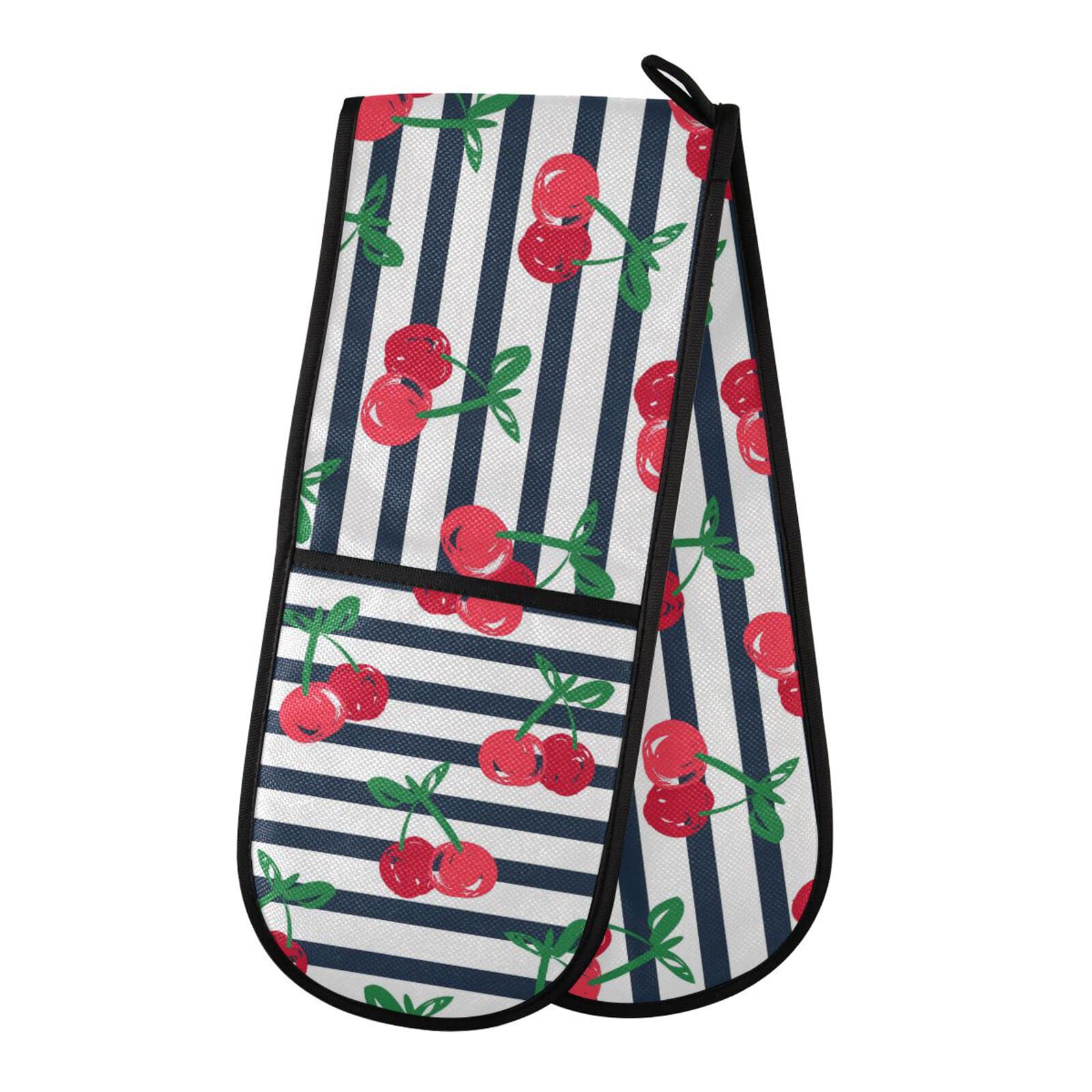 Double Oven Glove Cherry Pattern Stripe Heat Resistant Double Ovens Mitt Modern Cooking Gloves Potholders