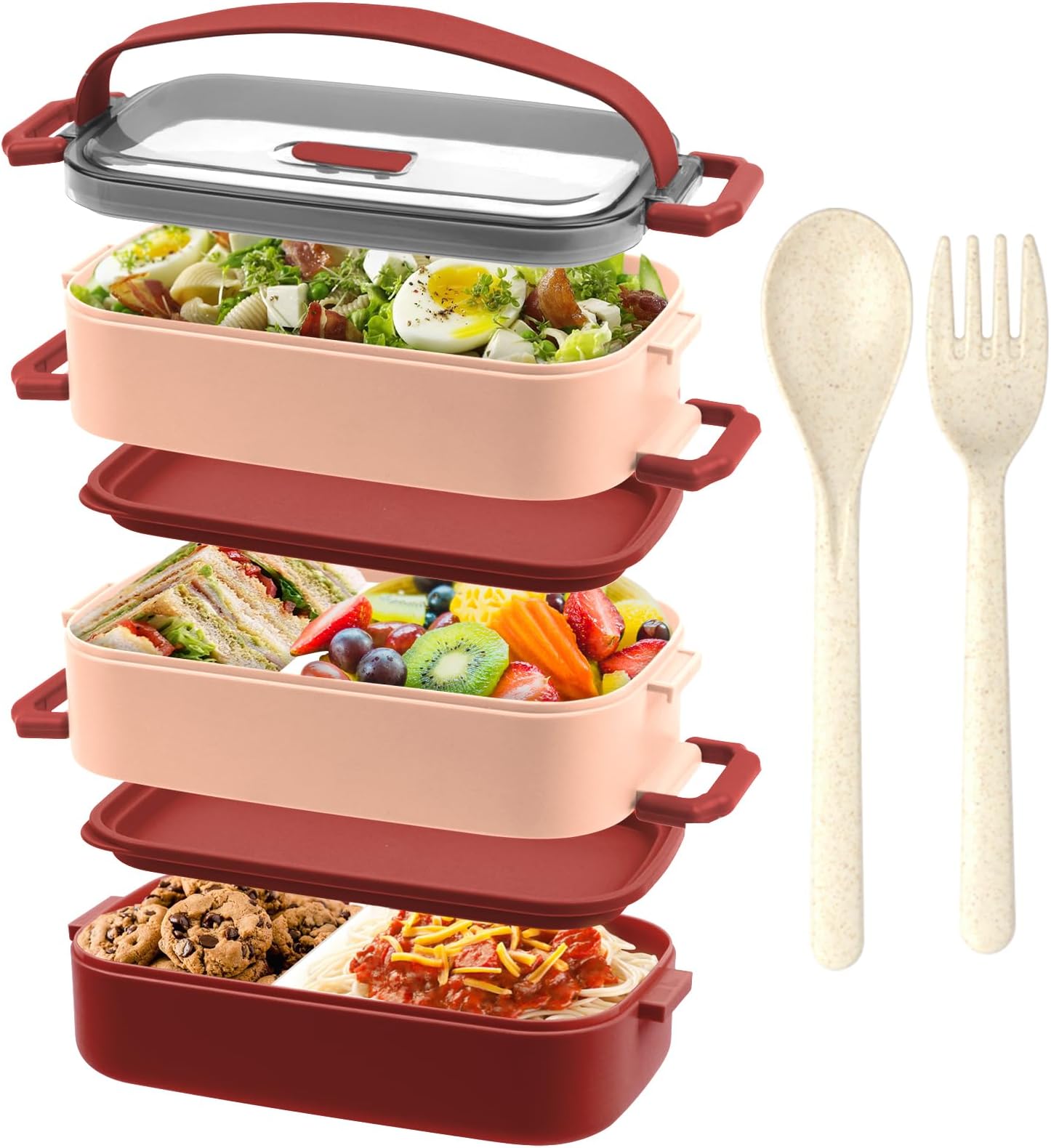 Lunch Box - Premium 3 Layer Bento Lunch Box for Adults Work - 2200ml Lunchbox with Cutlery and 3 Pcs Compartment Adjustable, Leak-Proof, BPA-Free, Microwaveable, 19.5 x 11.2 x 15cm, Red