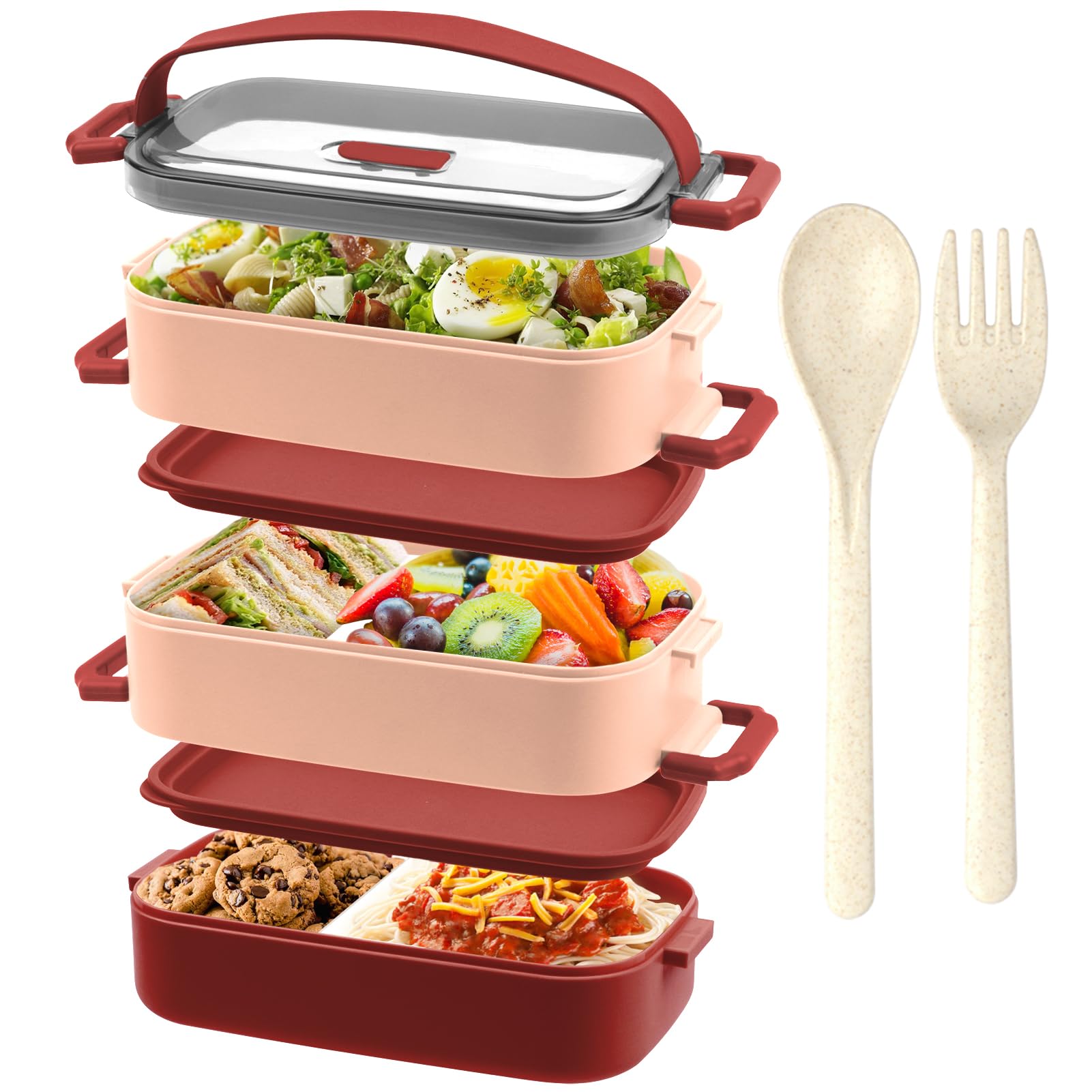 OITUGGLunch box - Premium 3 Layer Bento Lunch Box for Adults Work - 2200ml Lunchbox with Cutlery and 3 Pcs Compartment Adjustable, leak-proof, BPA-Free, Microwaveable, 19.5 x 11.2 x 15cm, Red