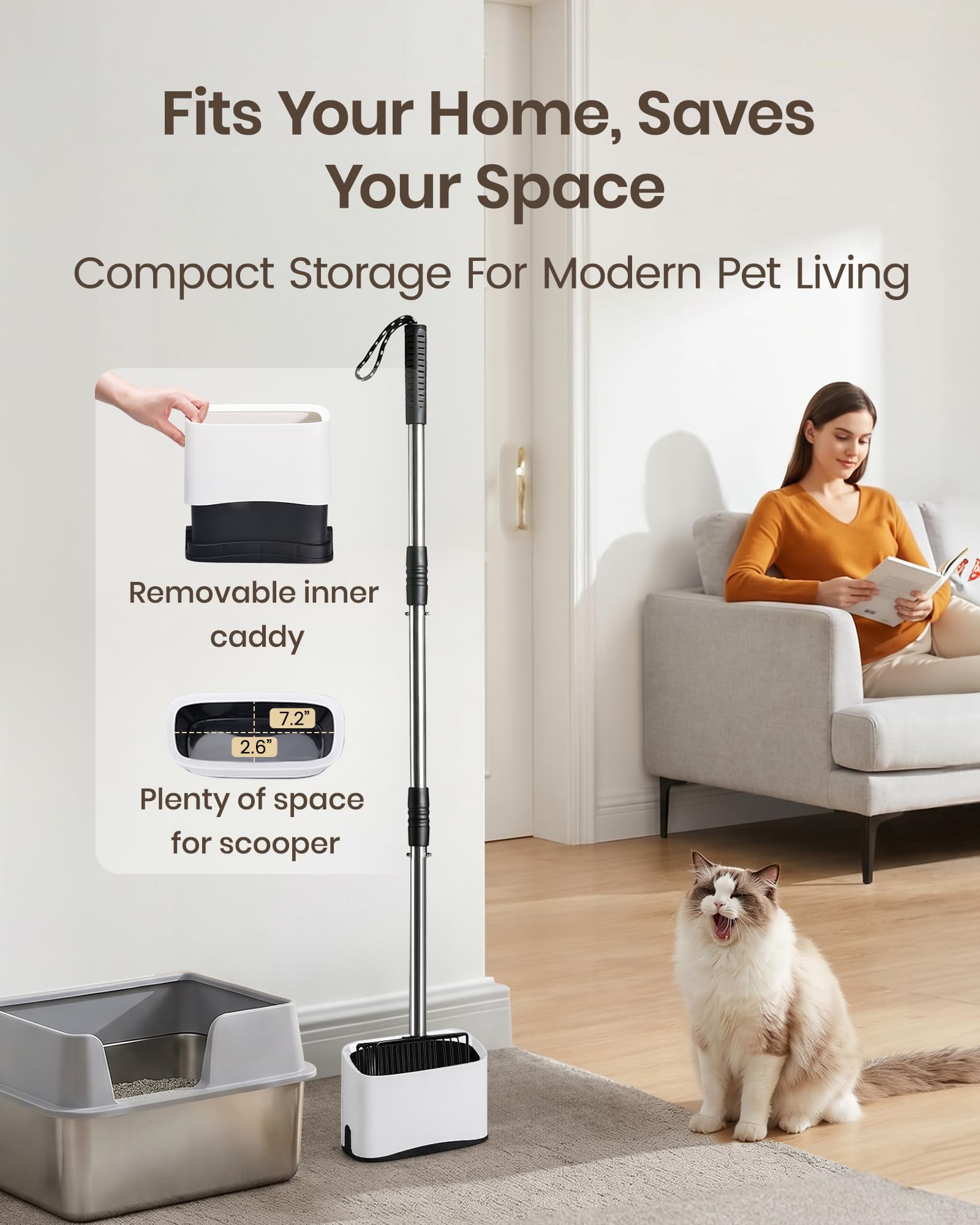 PETOCAT Cuchara de Arena para Gatos con Soporte, Pala de Arena de Metal de 43 Pulgadas con Mango Largo de Acero Inoxidable, Pala Grande para Gatitos, Pala Profunda Resistente para tamizar rápidamente