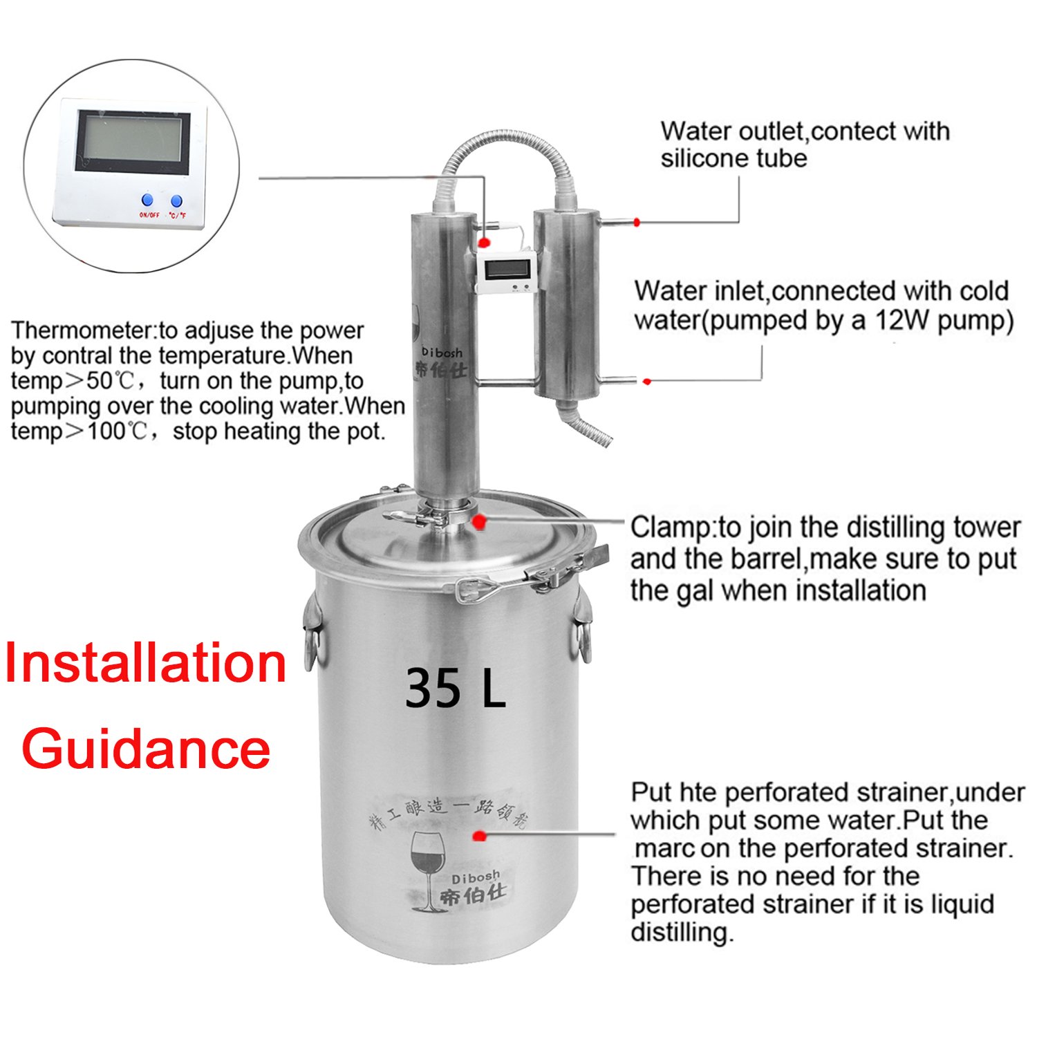 12 ~ 35 L Home DIY destilador Moonshine acero inoxidable Agua Rosa destilación Aceite Brew Kits Termómetro Digital (35 L, 316 Inoxidable)