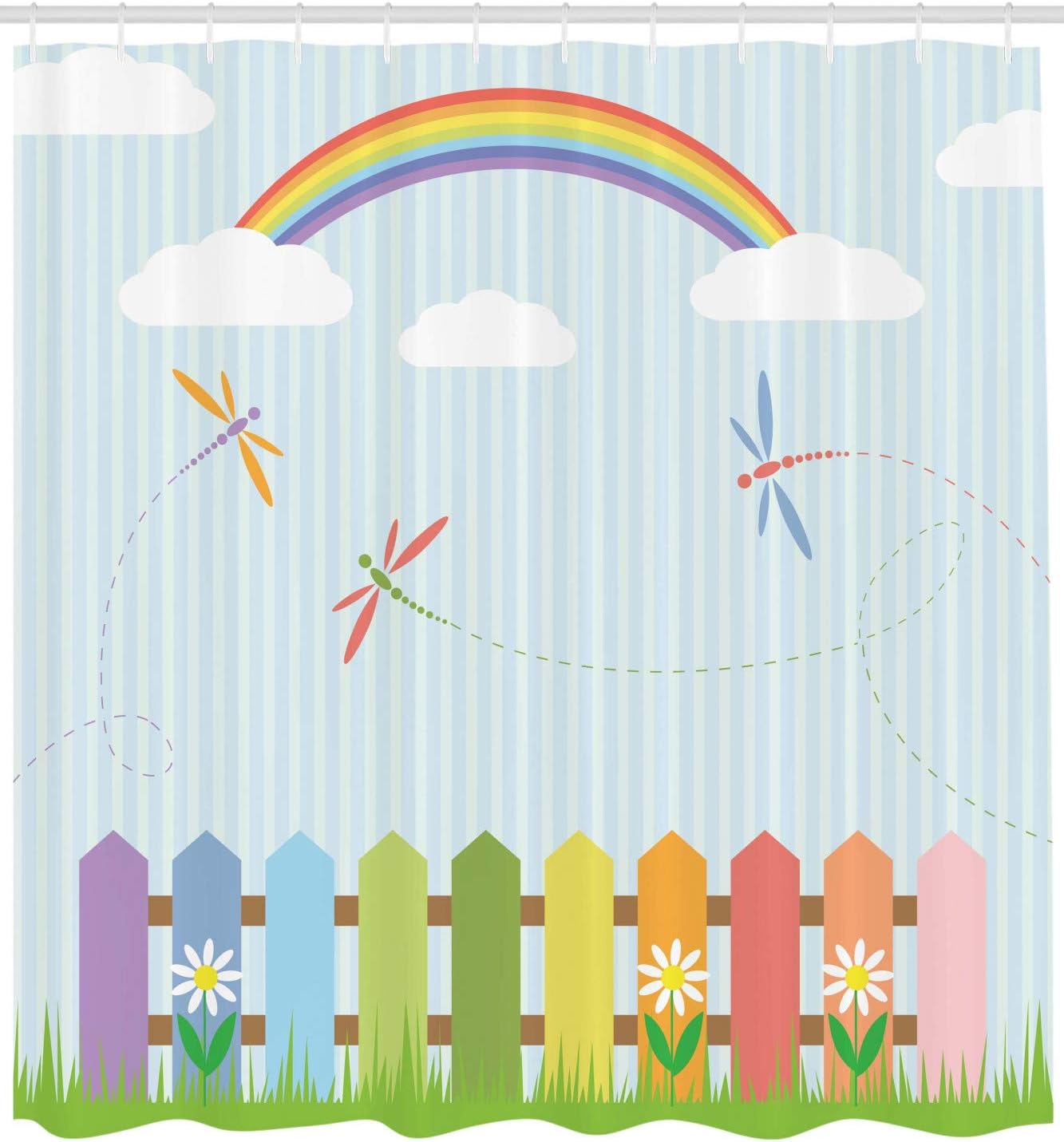 Ambesonne Dragonfly Shower Curtain, Colorful Dragonflies Drifting Over Fences a Sunny Rainbow Day Theme, Cloth Fabric Bathroom Decor Set with Hooks, 69" W x 70" L, Mauve