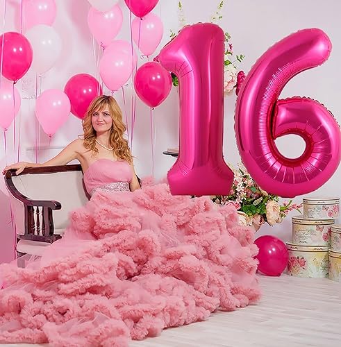 Miniatura 2 de Globos de papel de aluminio de Mylar con el número 16 de 40 pulgadas, de color rosa intenso, para niñas y mujeres, decoraciones de fiesta de