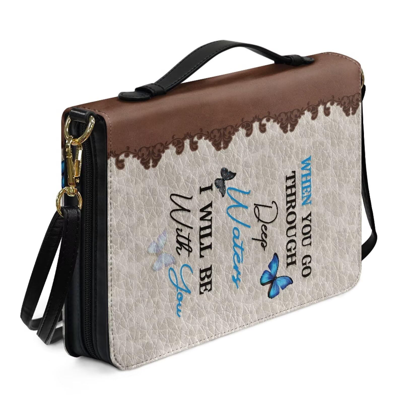 Kuiaobaty God Quote Bible Covers Church Study Zippered Bible Bag with Pen Slots, Blue Butterfly Cross Print Portable Book Carrying Case,M
