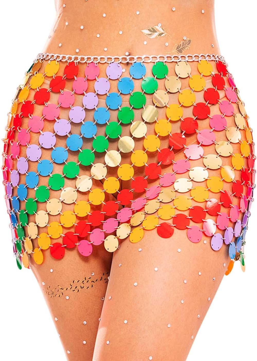 Sparkly Dot Sequin Chainmail Skirt Rainbow Belly Waist Chain Rave Disco Dance Hip Scarf for Women