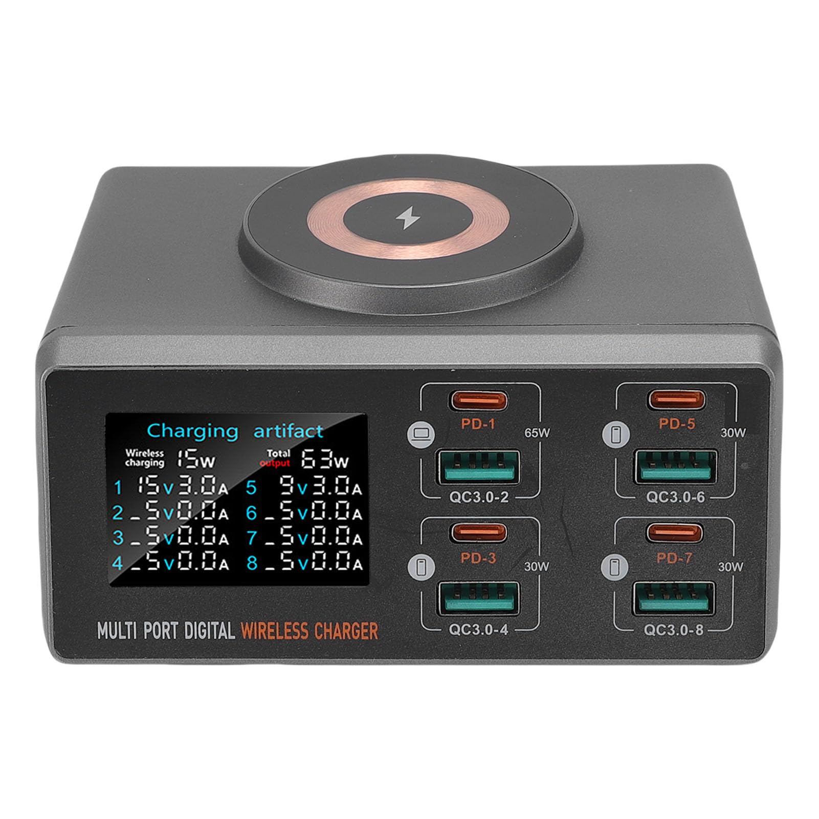 Fockety Stazione di ricarica USB, stazione di ricarica da tavolo a 8 porte da 140W con caricatore wireless, supporta la ricarica di 9 dispositivi contemporaneamente, per telefoni, (Spina europea)