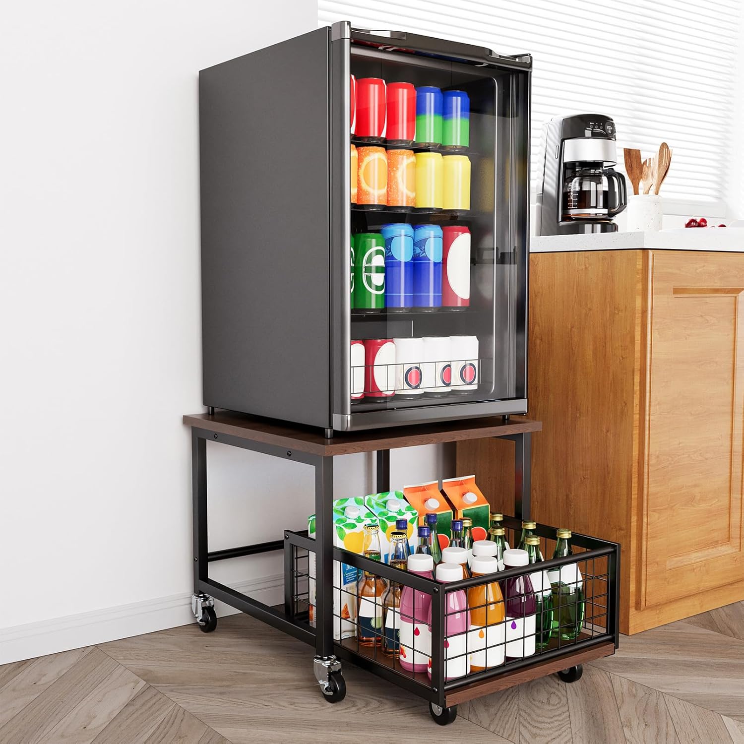 SpaceAid Mini Fridge Stand with Storage, 19.7" W x 19.7" D Heavy Duty Mobile Refrigerator Shelf Stand Table with Wheels, Fridge Cart Organizer with Drawer Basket for Home Dorm Office (Brown Wood)