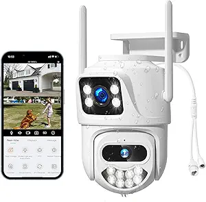W7 Dual Lens Security Cameras Outdoor,6MP PTZ WiFi Wireless Camera with 9.8Ft DC Cable for Home,AI Human Tracking,Full Color Night Vision,Light Alarm,IP66 Waterproof,2-Way Audio,24/7 Record,SD Slot asin的图片