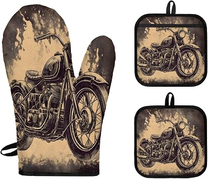 American Style Motorcycle Oven Mitts and Pot Holders 3 pcs Set Heat Resistant Kitchen Oven Glove with Hanging Loop for Cooking Baking Grilling