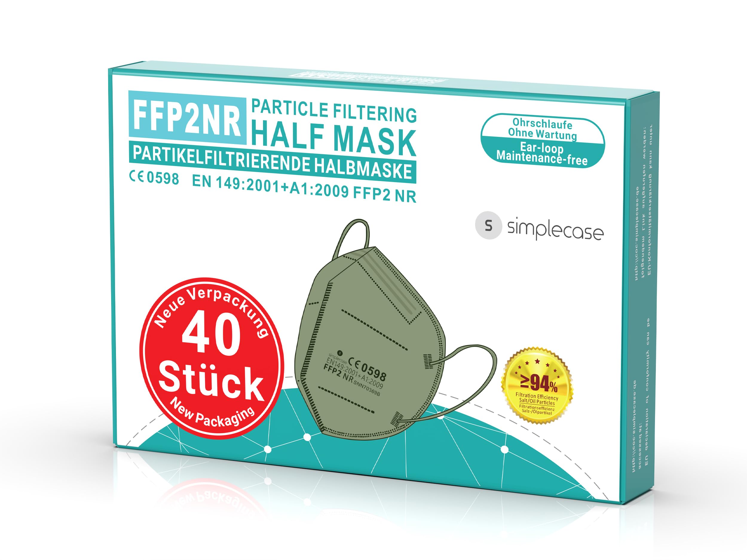 Simplecase - 120 mascarillas FFP2 certificadas por el organismo designado oficialmente 0598, respirador, máscara de filtro de partículas