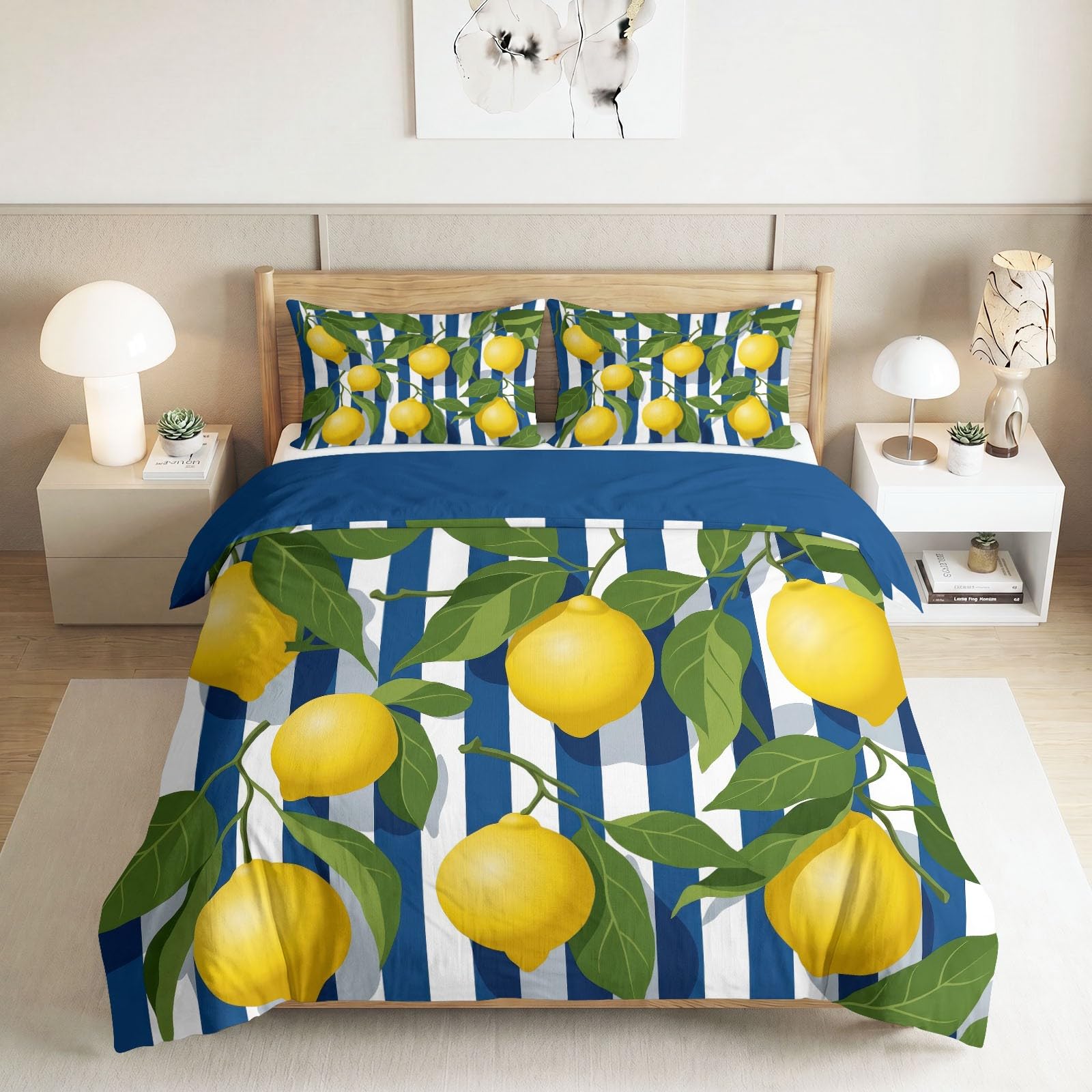 Generisch Bettwäsche Set 3-teilig 200 x 200 cm, Ländlich-Idyllisch Kinderbettwäsche Mikrofaser mit Reißverschluss - Bettbezug Obst Zitrone Grüne Blätter für Jungen Mädchen Blau Bettwaren