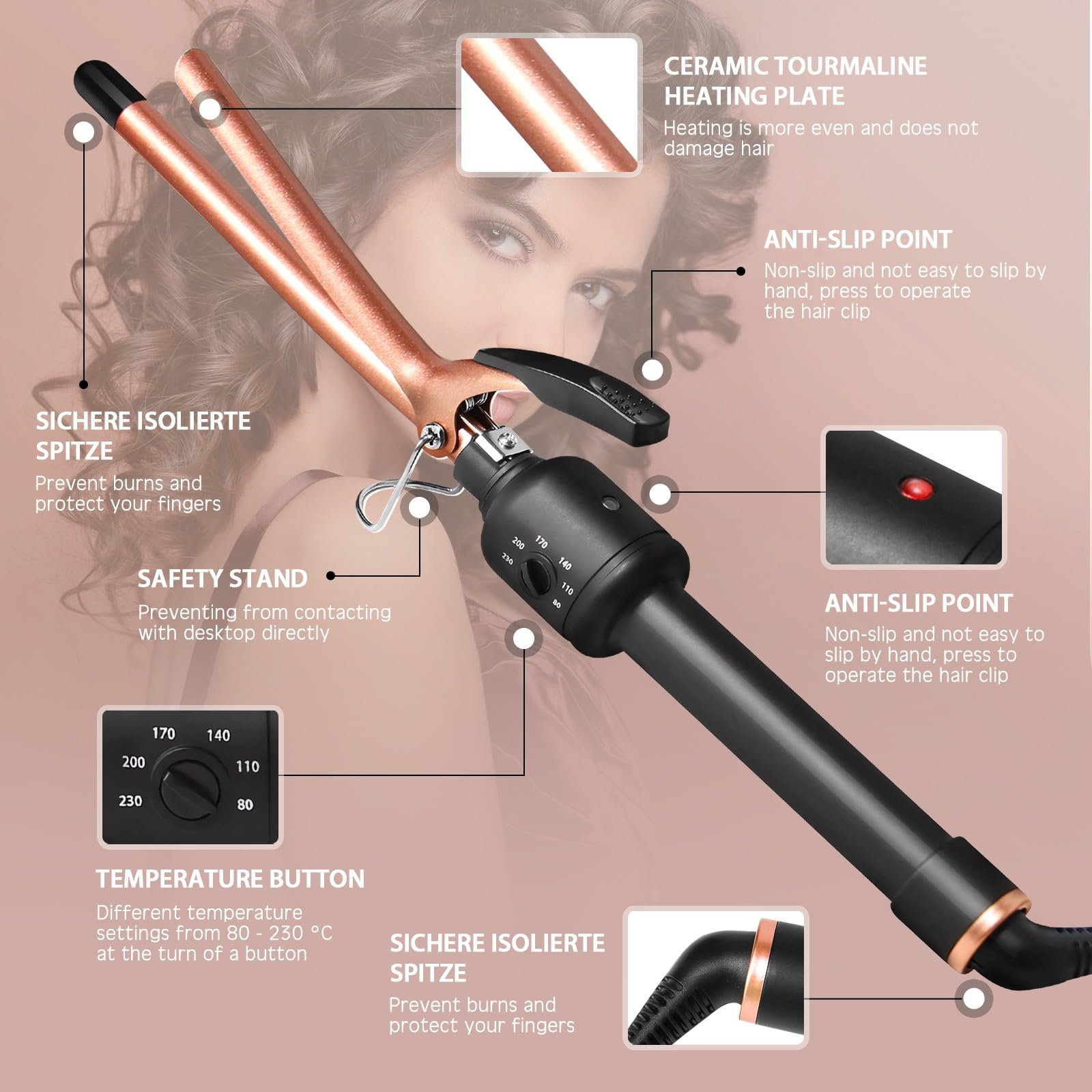 HyAdierTech Ferro Arricciacapelli Professionale in Ceramica Piastra Arricciacapelli da 13mm, Ferro Capelli con Funziona Spegnimento Automatico, Ferro Capelli con 80°C-230°C Temperatura Regolabile