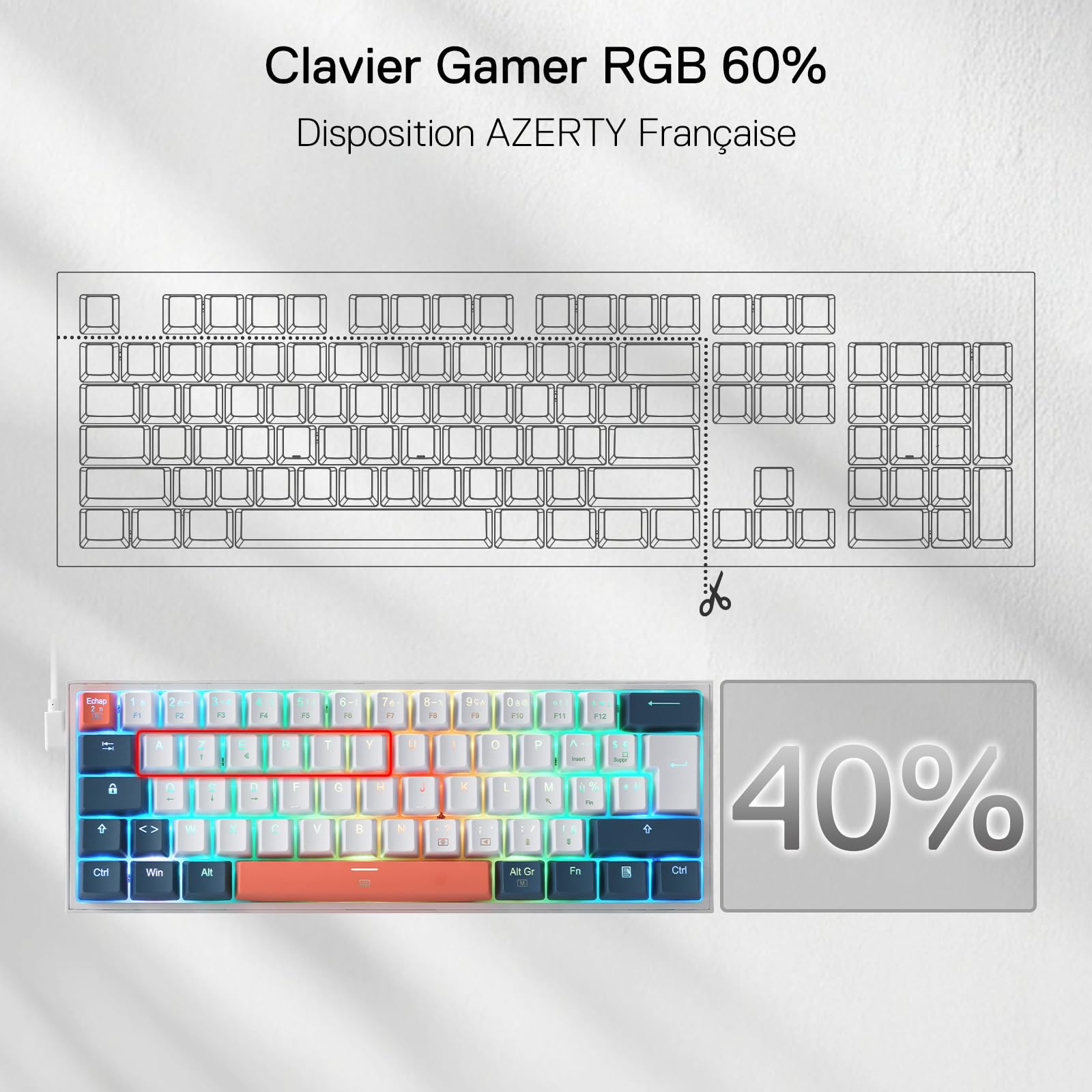 Redragon K617 Clavier de Jeu RVB Filaire 60%, AZERTY Clavier mécanique Compact 61 Touches, commutateur Rouge linéaire, Prise en Charge des Pilotes Pro, FR Layout