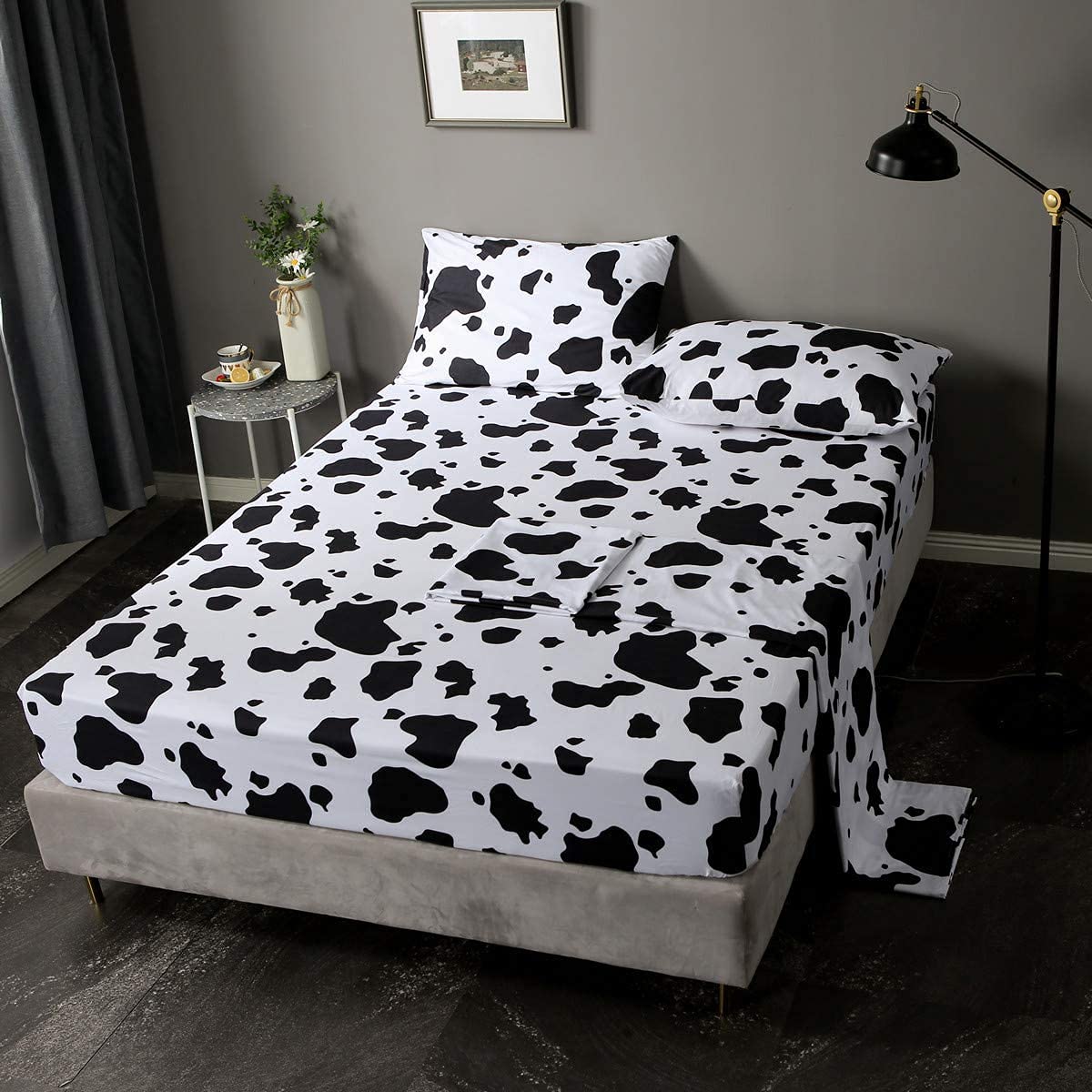 Set di lenzuola per letto singolo, 3 pezzi, nero, bianco, latte, mucca, animali + lenzuolo con angoli con tasca profonda + lenzuolo con angoli + 1 federa per cuscino a quadri per bambini e ragazze