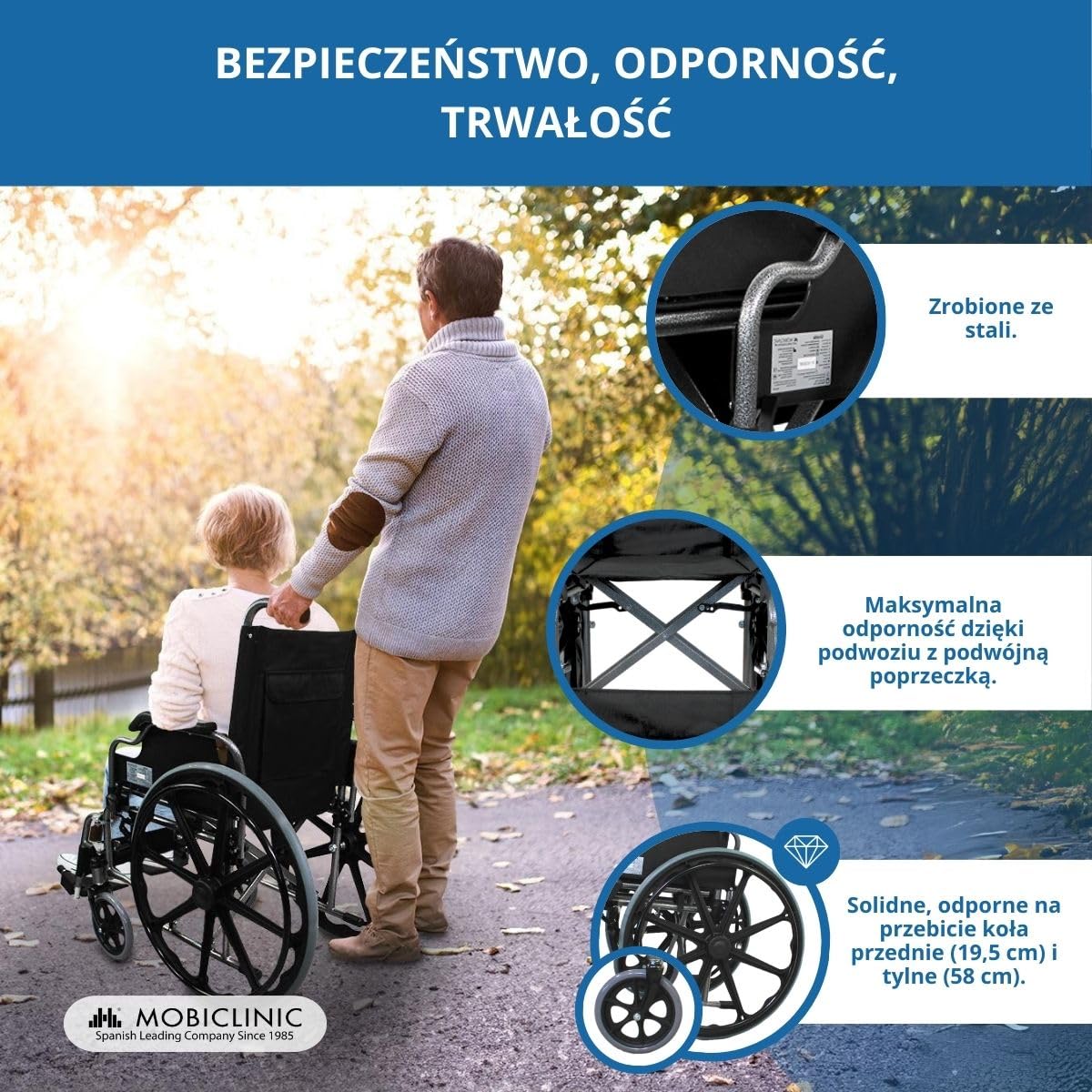 Mobiclinic, Giralda, składany wózek inwalidzki, ortopedyczny, dla niepełnosprawnych, aluminium, zdejmowany podnóżek i składane podłokietniki, czarny, siedzisko 46 cm, bardzo lekki