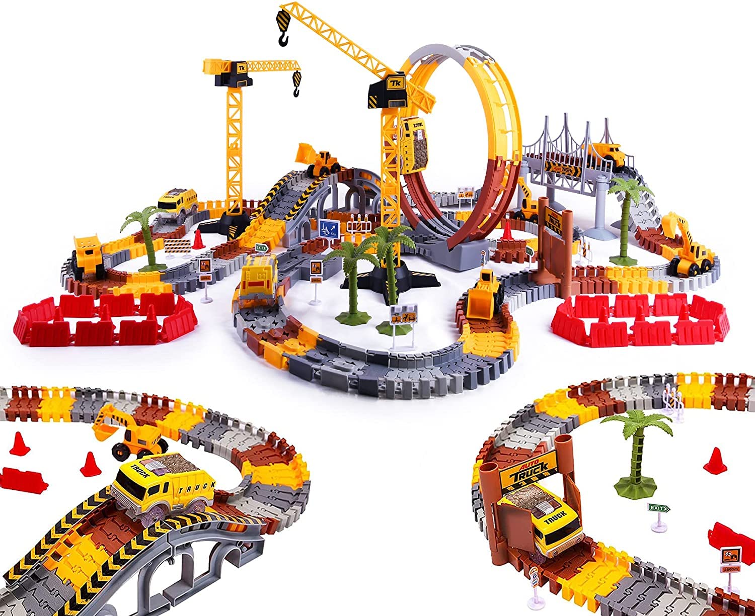 Construction Race Tracks for Kids Boys Toys, 245 PCS Construction Car and Flexible Track Playset Cre