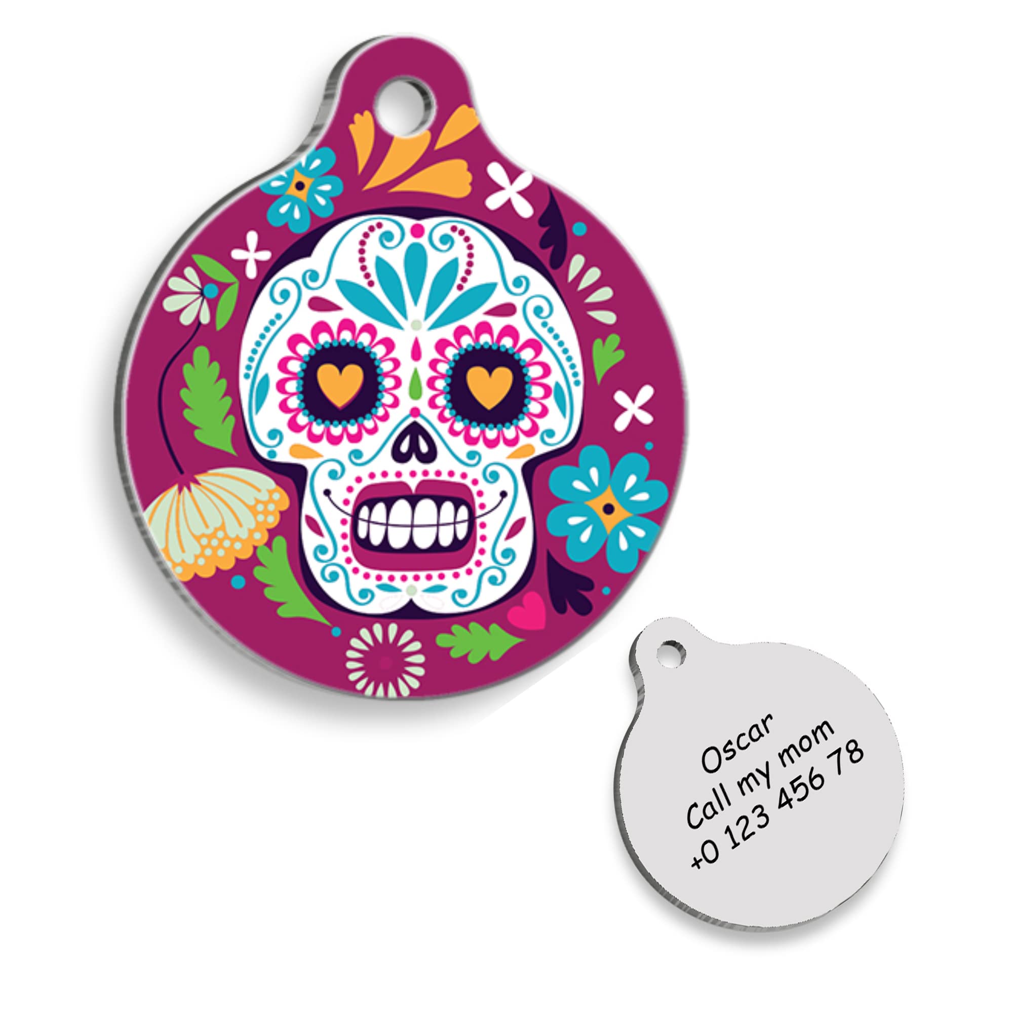 Floral Skull Personalized Dog Tag - Custom Name Tag - ID Tag for Dog & Cat - Customized Pet Tags - Dog & Cat Name id Tag - Dog Name Tag - Engraved Dog Tag