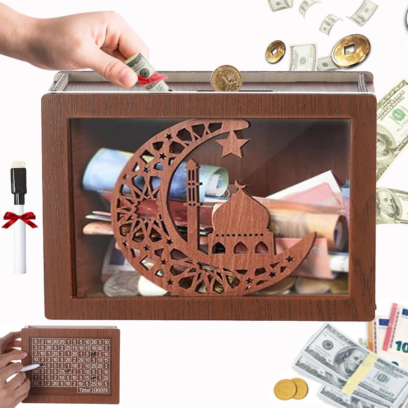 The Cash Vault 10,000 Savings Challenge Box - Dinosaur Pattern Wooden Piggy Bank With Money Tracker