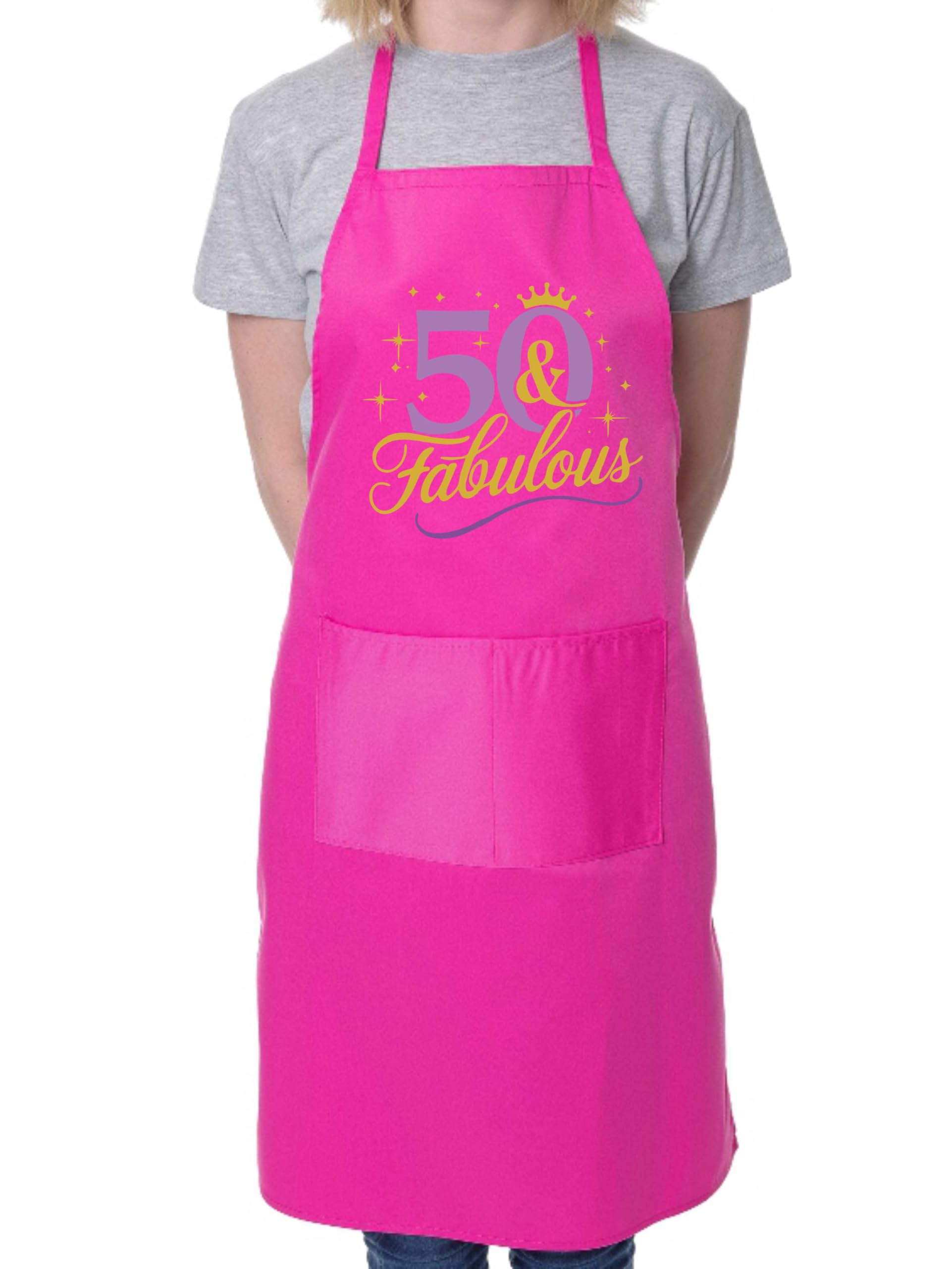 Print4U 50 and Fabulous Apron 50th Birthday Gift 50 Year Old Present Pink