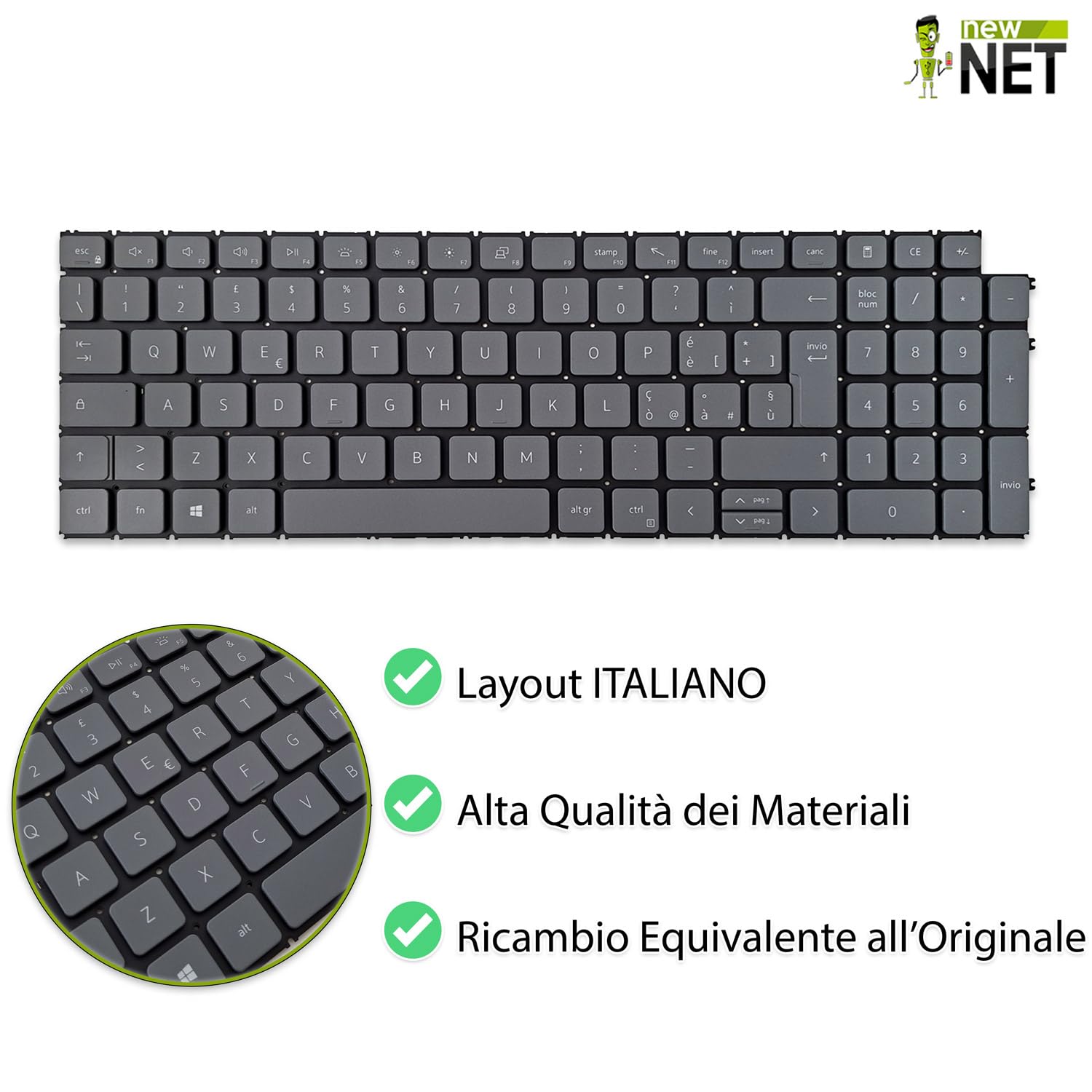 Tastiera compatibile per Notebook Dell Vostro 15 3510 3515 5510 5515 7510 16 7620 Latitude 3520 Retroilluminata Layout ITA Grigio