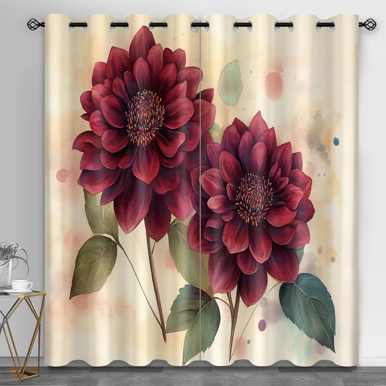 Rideaux occultants insonorisants Dahlia motif floral bordeaux 140x214 cm pour le salon