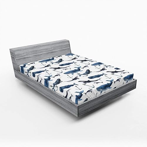 Miniatura 1 de Ambesonne Narwhal - Juego de sábanas bajeras, orcas de narvales de acuarela y ballenas azules con anclajes de fauna ártica, ropa de cama decorativa