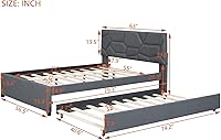 Vista 2 de Moderna cama tapizada de tamaño matrimonial, plataforma de tela de lino con cama nido tamaño individual, base de cama de madera maciza con cabecera