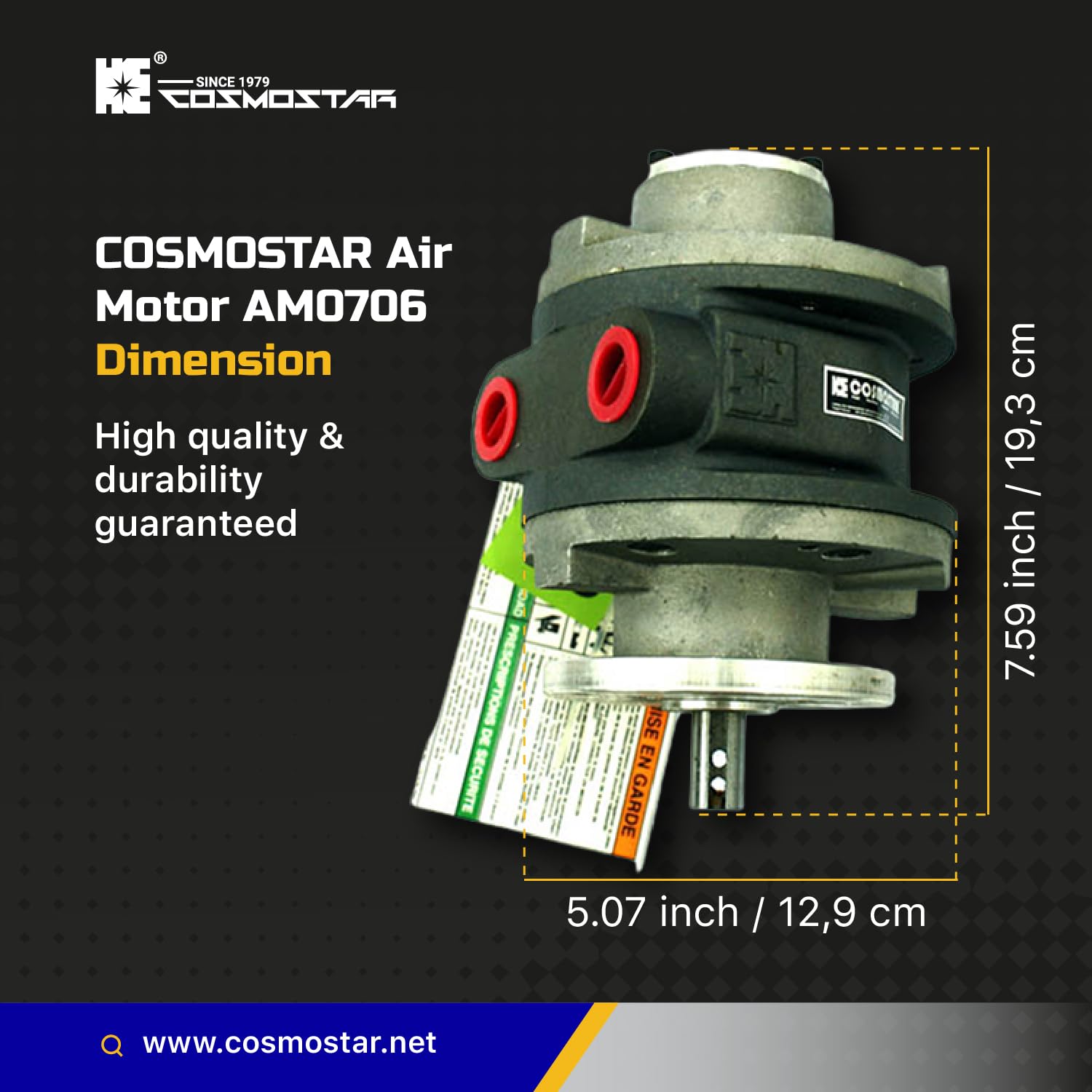 COSMOSTAR AM0706 Moteur à air comprimé 3,6 CV Type glissière durable et polyvalent pour peinture, impression et mélangeurs | Moteur AM6 type à palettes