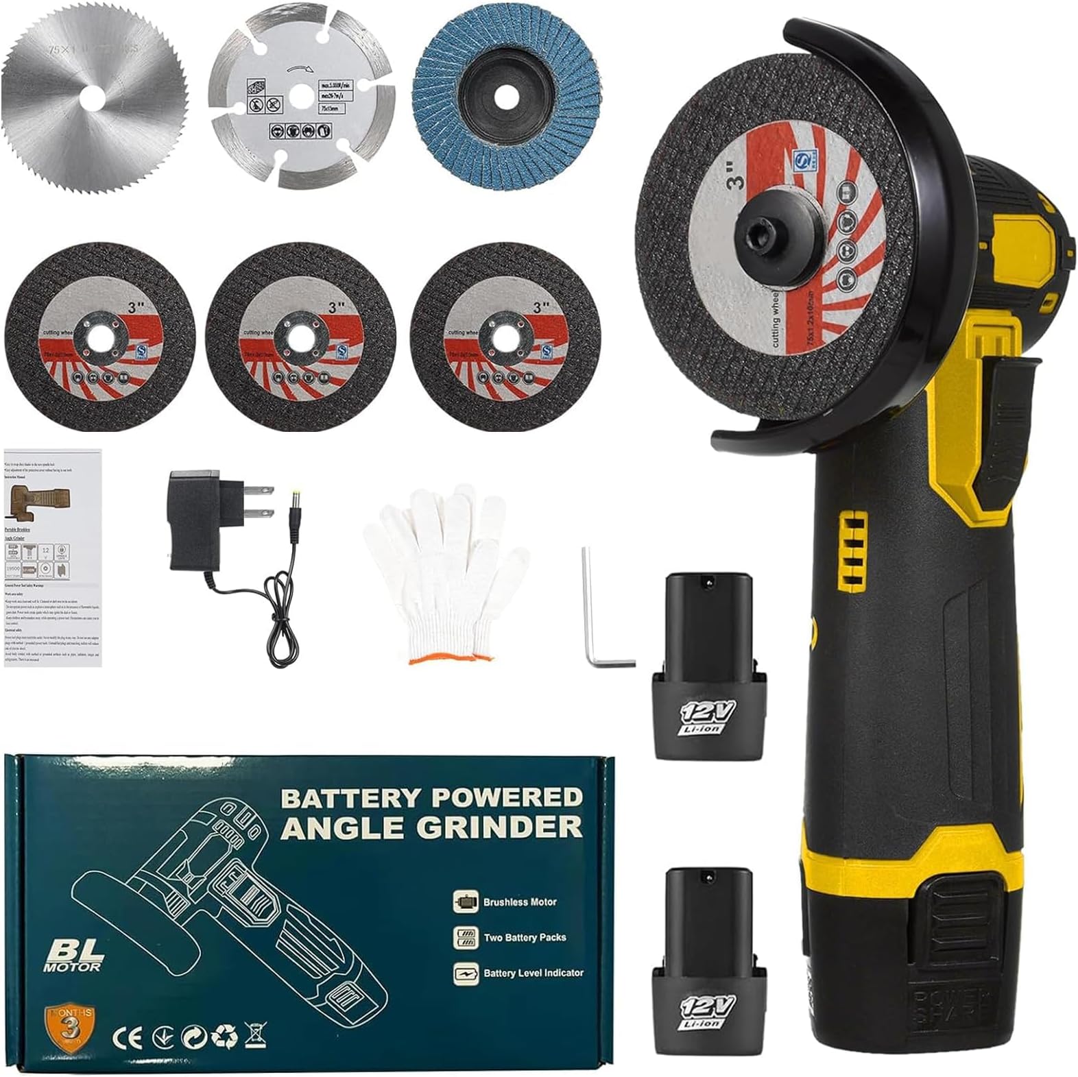 Cordless Brushless Mini Angle Grinder Kit, Grinding Disc 3in/76mm, 19500rpm Mini Lightweight Electric Grinding Tool Handheld Cutter with 2 PCS 12V1500mAh Batteries & 6PCS Cutting Discs