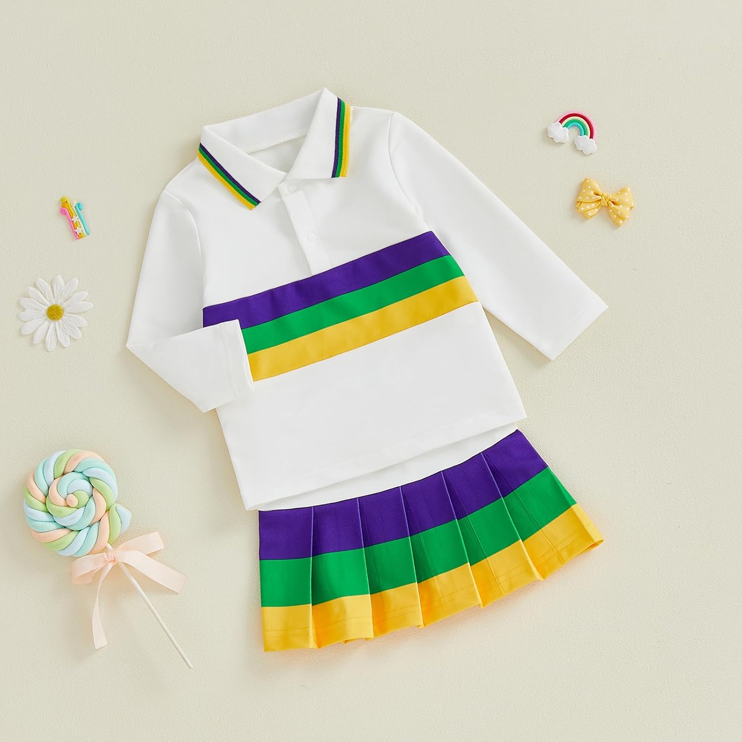 Baby Girl Mardi Gras Outfit Lapel Button T Shirt Purple Yellow Green Pleated Skirt Set Toddler Carnival Party Clothes - Image 6