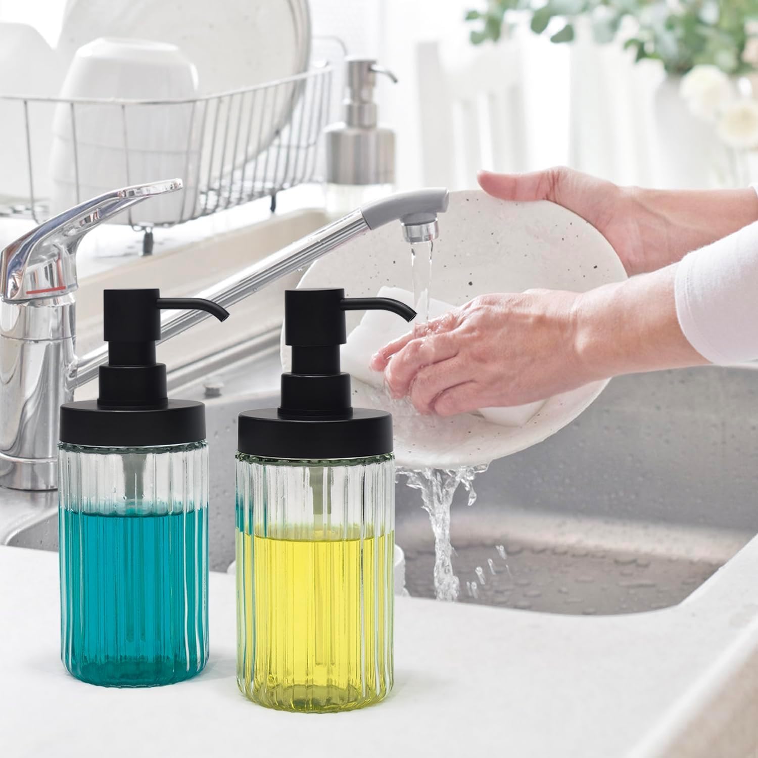 2 Pack Ribbed Clear Glass Soap Dispenser Set, 14.3 Oz Wide Mouth Refillable Hand & Dish Soap Dispensers with Matte Black Pump,Bathroom Countertop & Kitchen Sink image 2