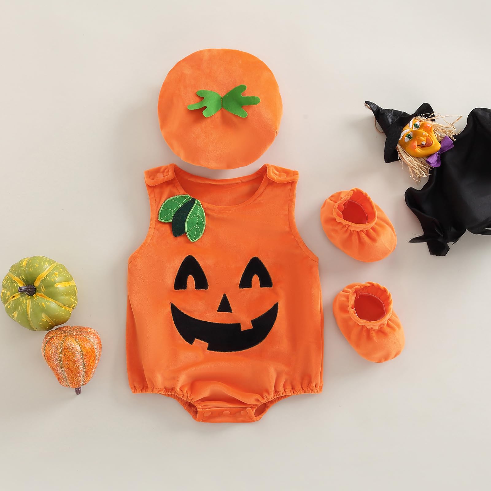 Hifot 3 Pezzi Vestito Zucca Neonato,Costume Zucca Bambino Pagliaccetto con Cappello e Scarpa Costumi Halloween Bambini Ragazze Ragazzi